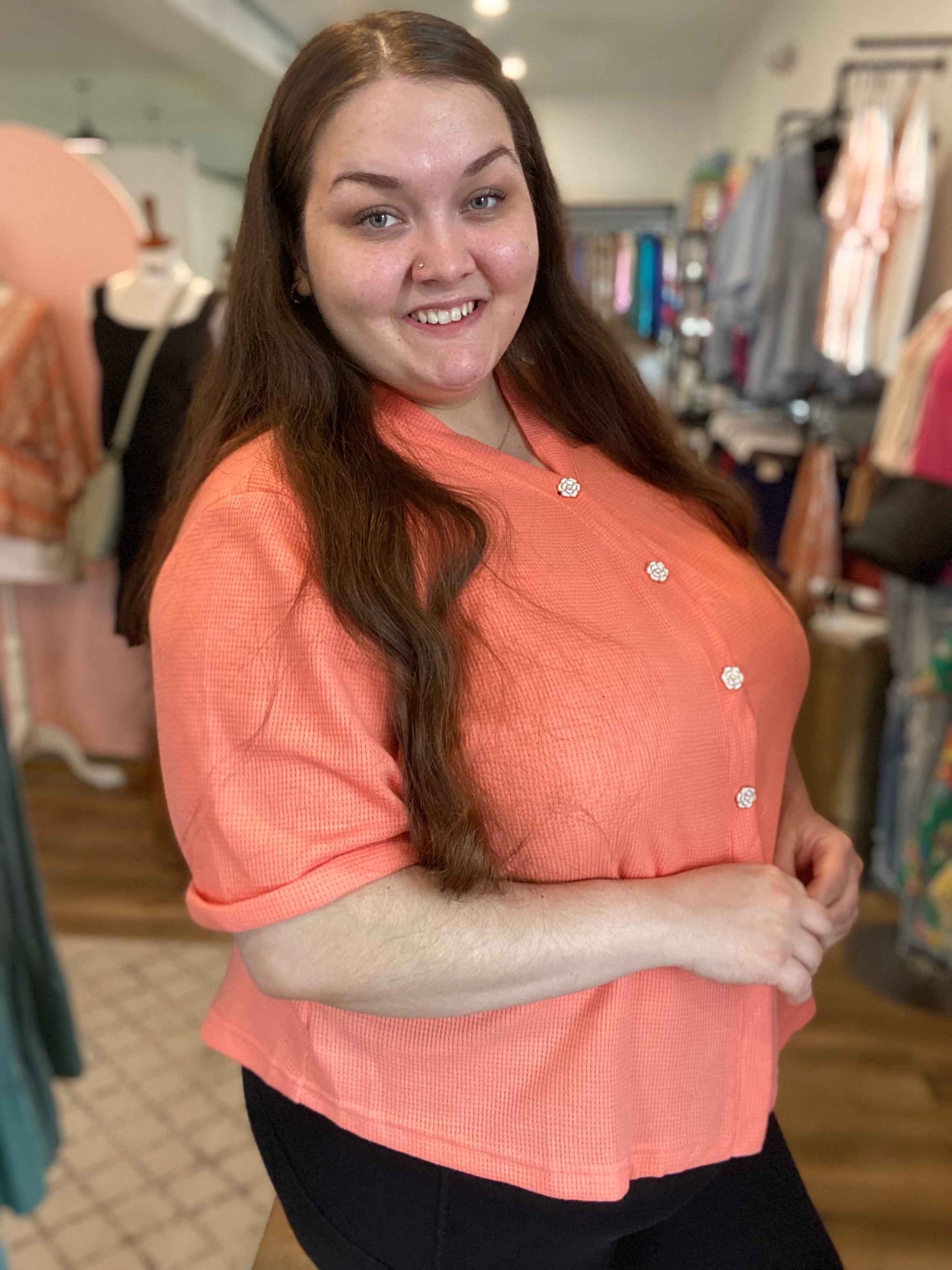 Shop Morgan Rose Button Waffle Top-Short Sleeve Top at Ruby Joy Boutique, a Women's Clothing Store in Pickerington, Ohio