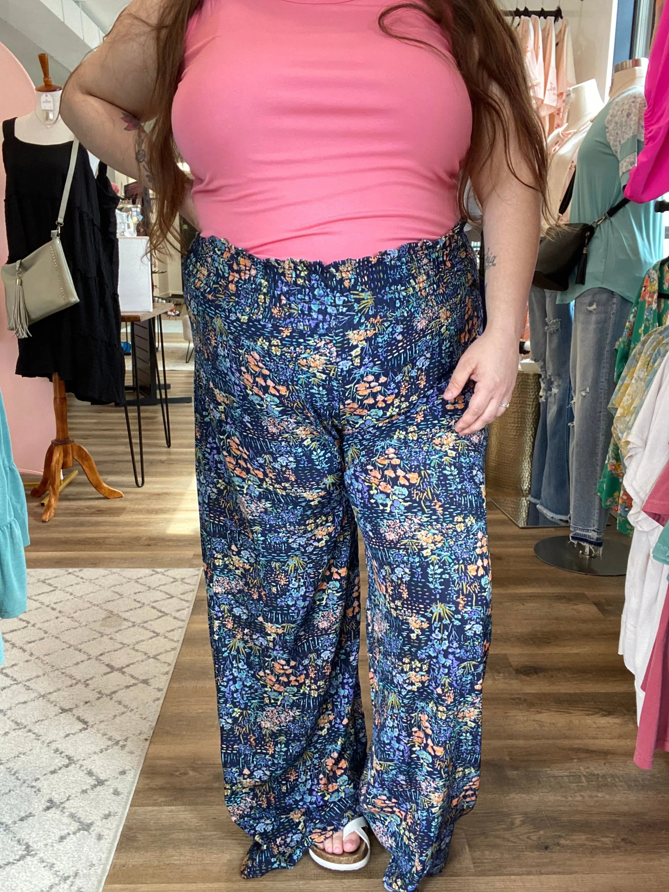 Navy Floral Smocked Palazzo Pants – Ruby Joy Boutique