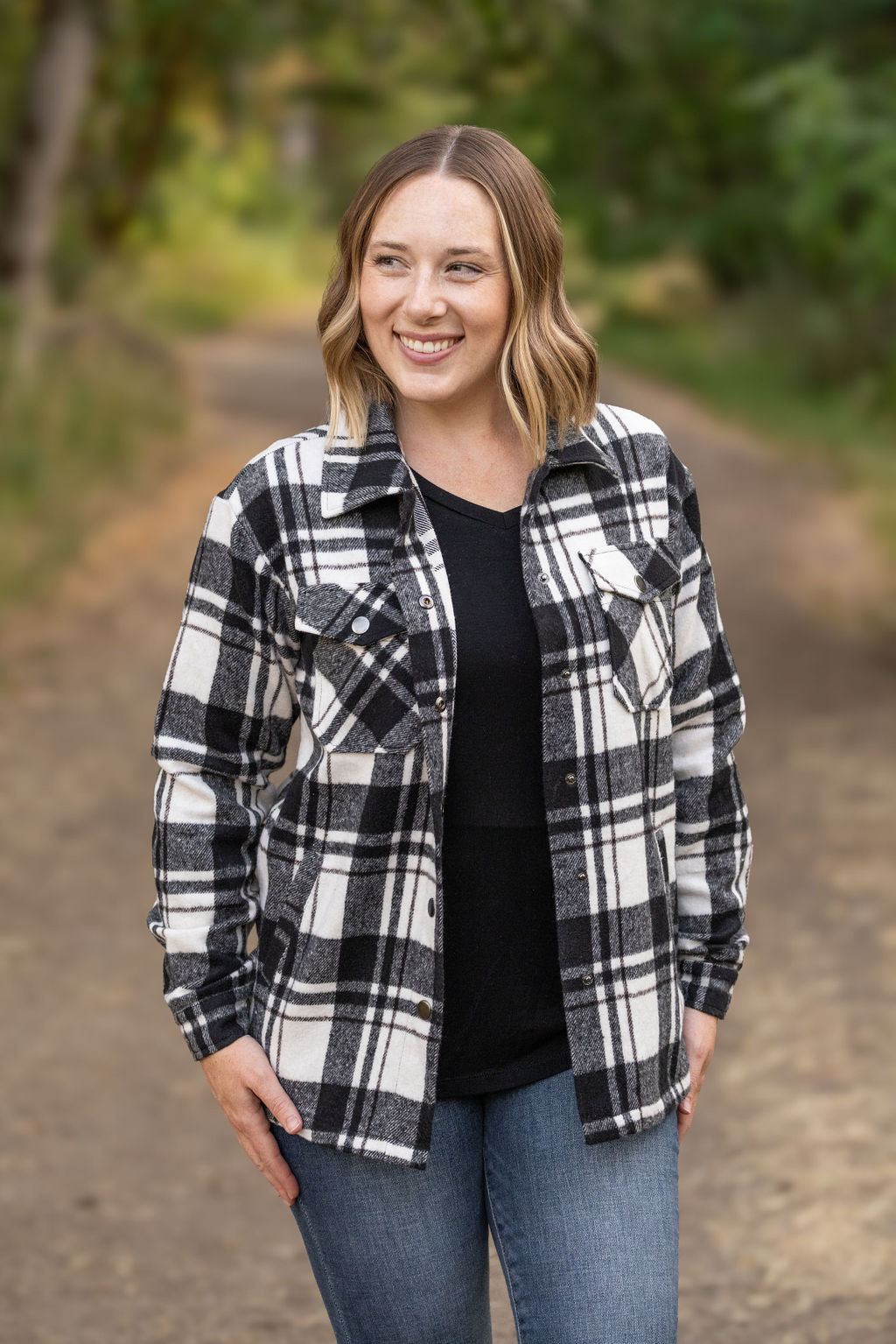 Shop Norah Plaid Shacket - Ivory and Black- at Ruby Joy Boutique, a Women's Clothing Store in Pickerington, Ohio