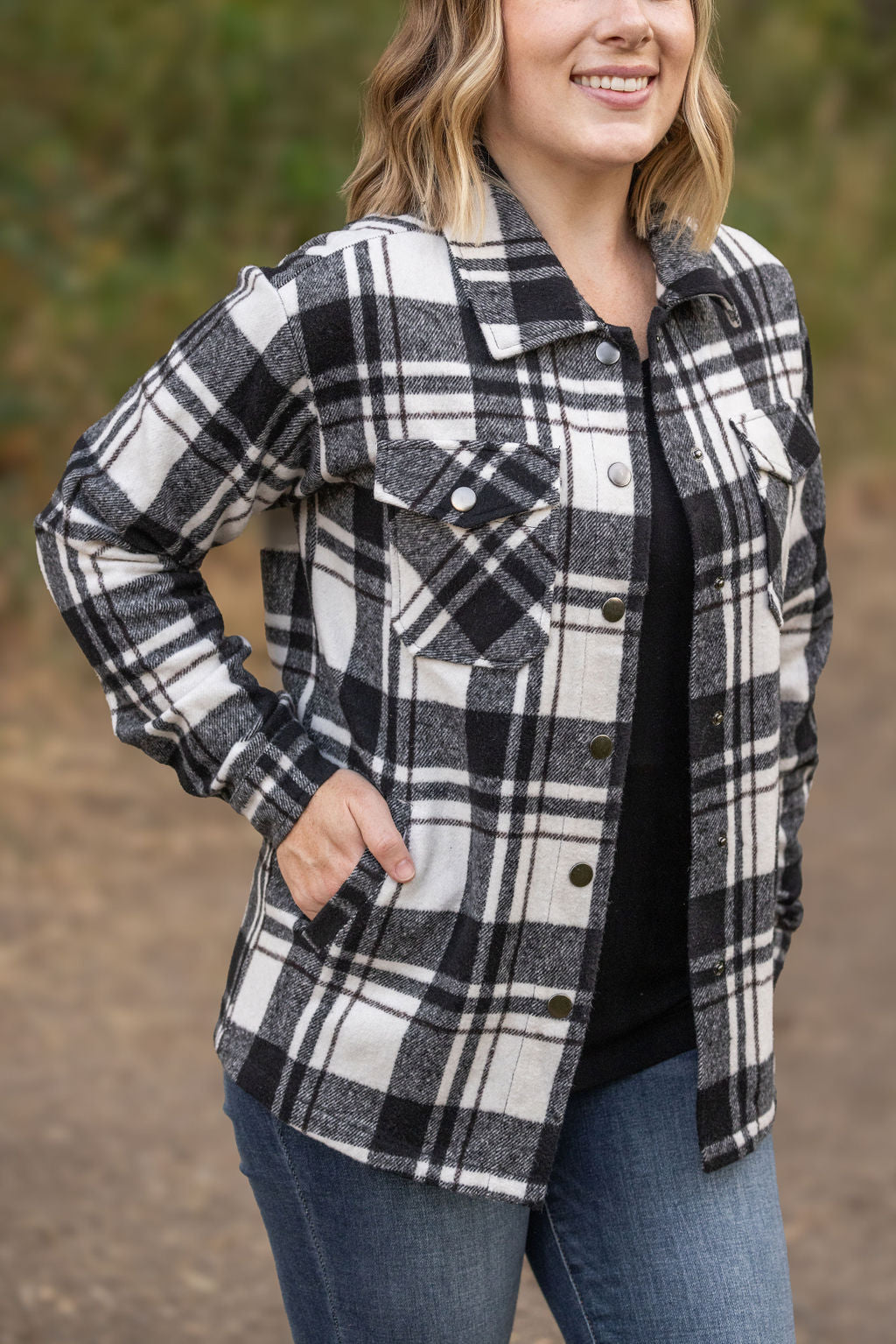 Shop Norah Plaid Shacket - Ivory and Black- at Ruby Joy Boutique, a Women's Clothing Store in Pickerington, Ohio