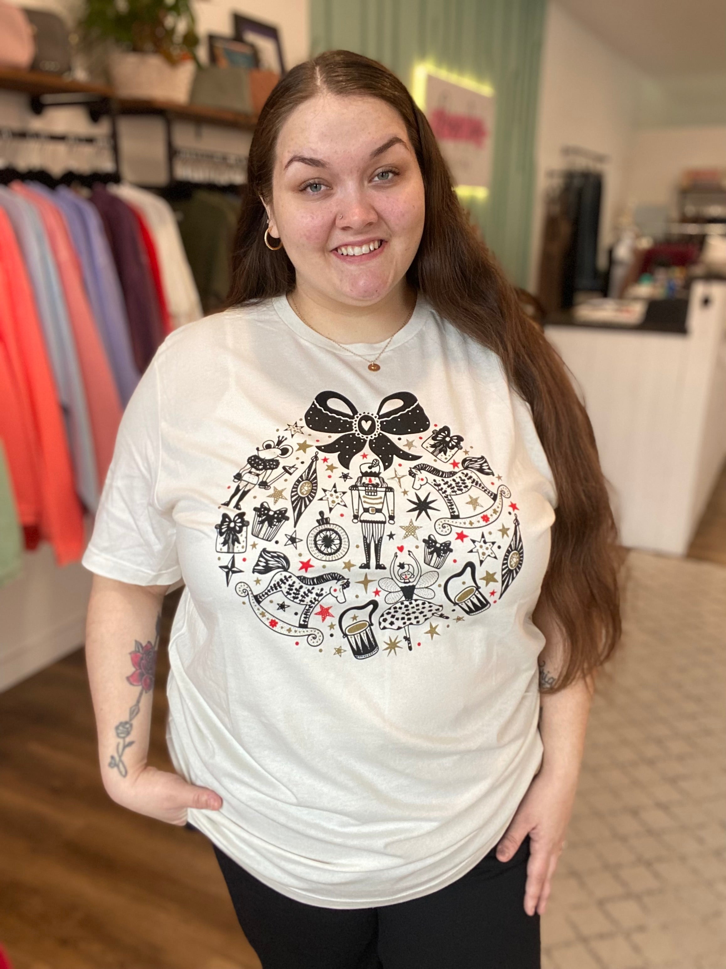 Shop Nutcracker Christmas Ornament Tee-Graphic Tee at Ruby Joy Boutique, a Women's Clothing Store in Pickerington, Ohio