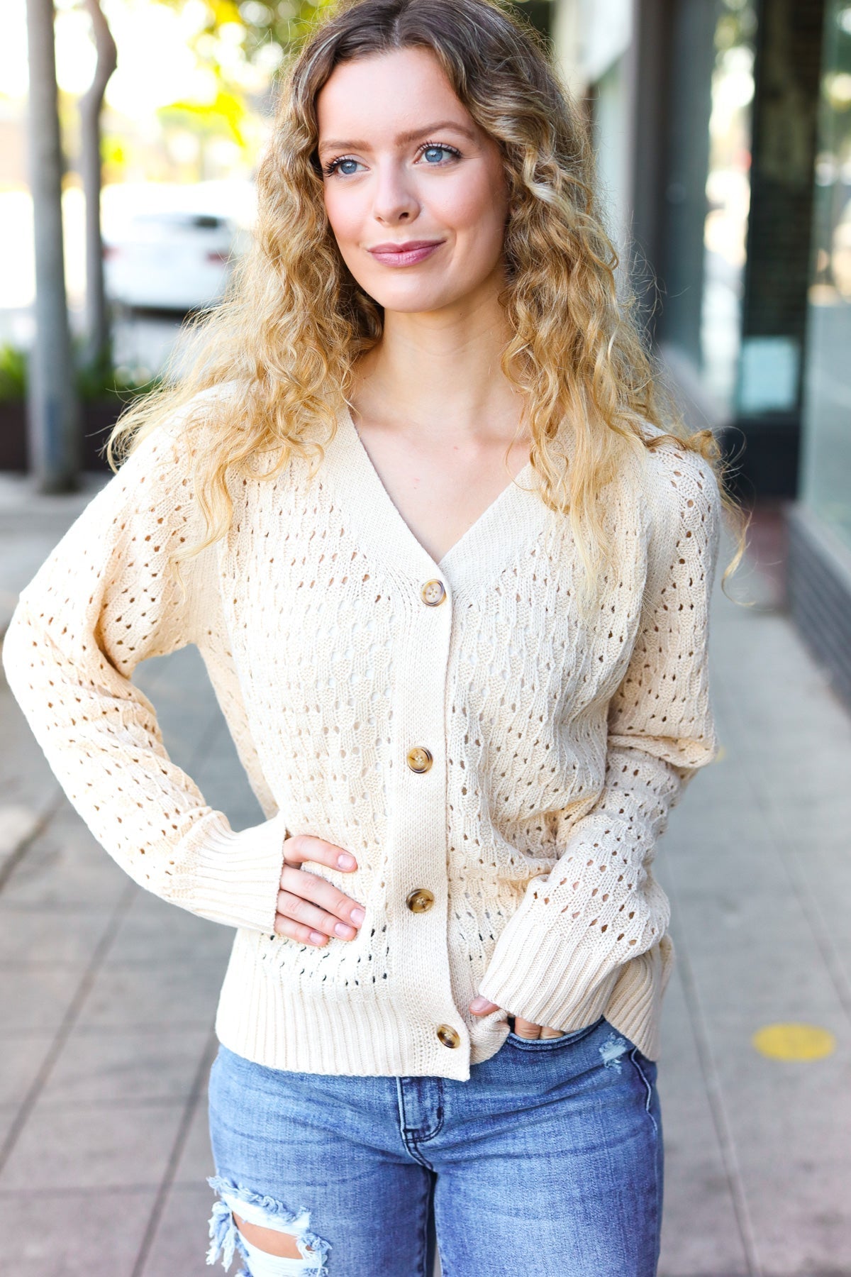 Shop Oatmeal Pointelle Button Down Cardigan-Cardigan at Ruby Joy Boutique, a Women's Clothing Store in Pickerington, Ohio