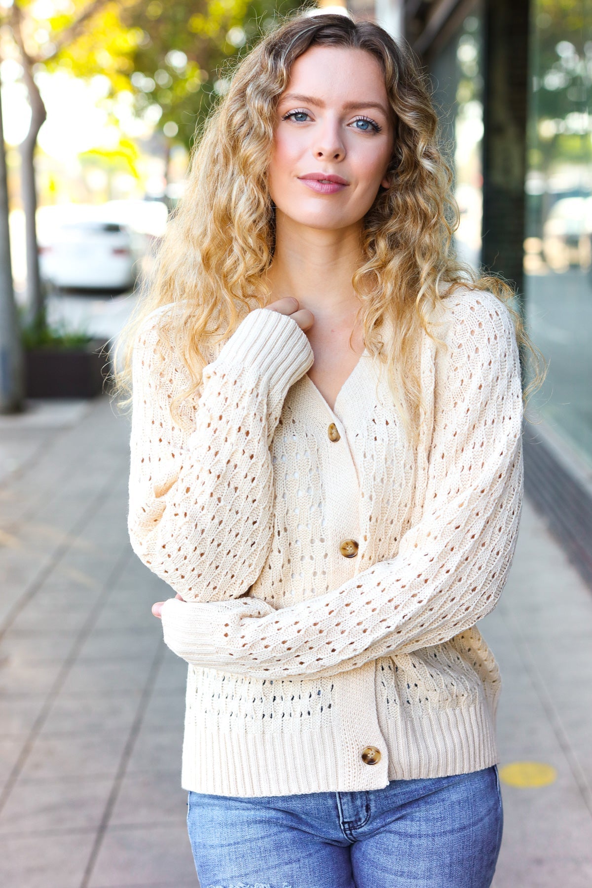 Shop Oatmeal Pointelle Button Down Cardigan-Cardigan at Ruby Joy Boutique, a Women's Clothing Store in Pickerington, Ohio