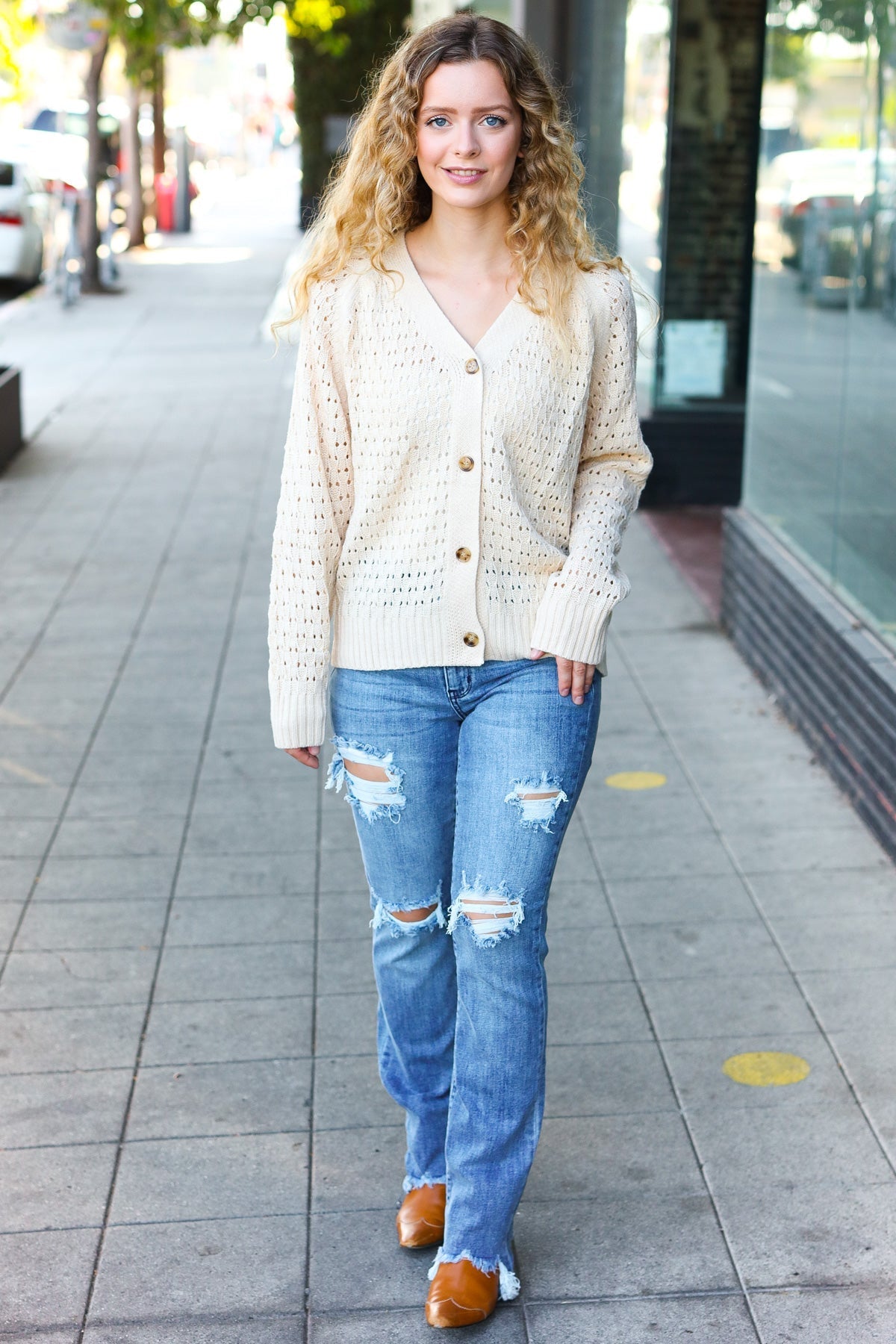 Shop Oatmeal Pointelle Button Down Cardigan-Cardigan at Ruby Joy Boutique, a Women's Clothing Store in Pickerington, Ohio