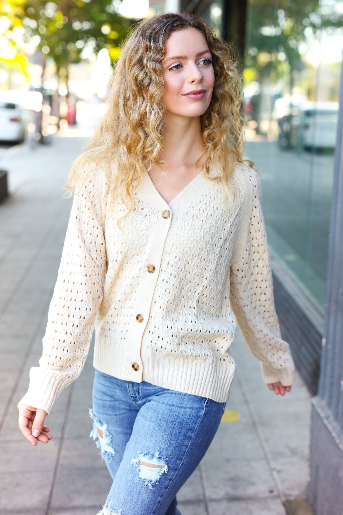 Shop Oatmeal Pointelle Button Down Cardigan-Cardigan at Ruby Joy Boutique, a Women's Clothing Store in Pickerington, Ohio