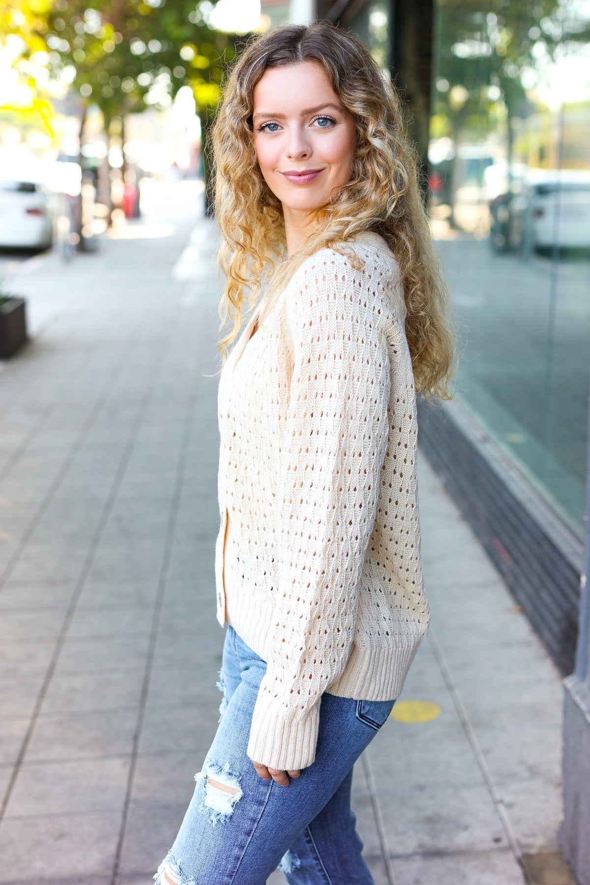 Shop Oatmeal Pointelle Button Down Cardigan-Cardigan at Ruby Joy Boutique, a Women's Clothing Store in Pickerington, Ohio