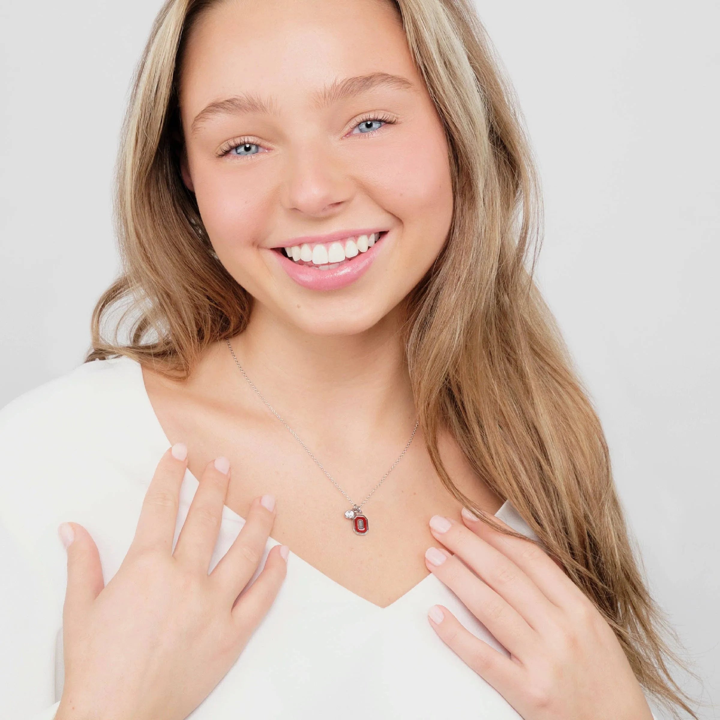 Shop Ohio State Block O Charm Necklace with Crystal- at Ruby Joy Boutique, a Women's Clothing Store in Pickerington, Ohio