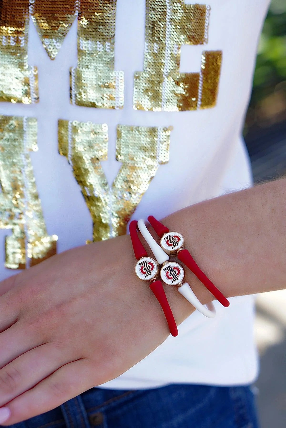 Shop Ohio State Buckeyes Enamel Silicone Bali Bracelet- at Ruby Joy Boutique, a Women's Clothing Store in Pickerington, Ohio