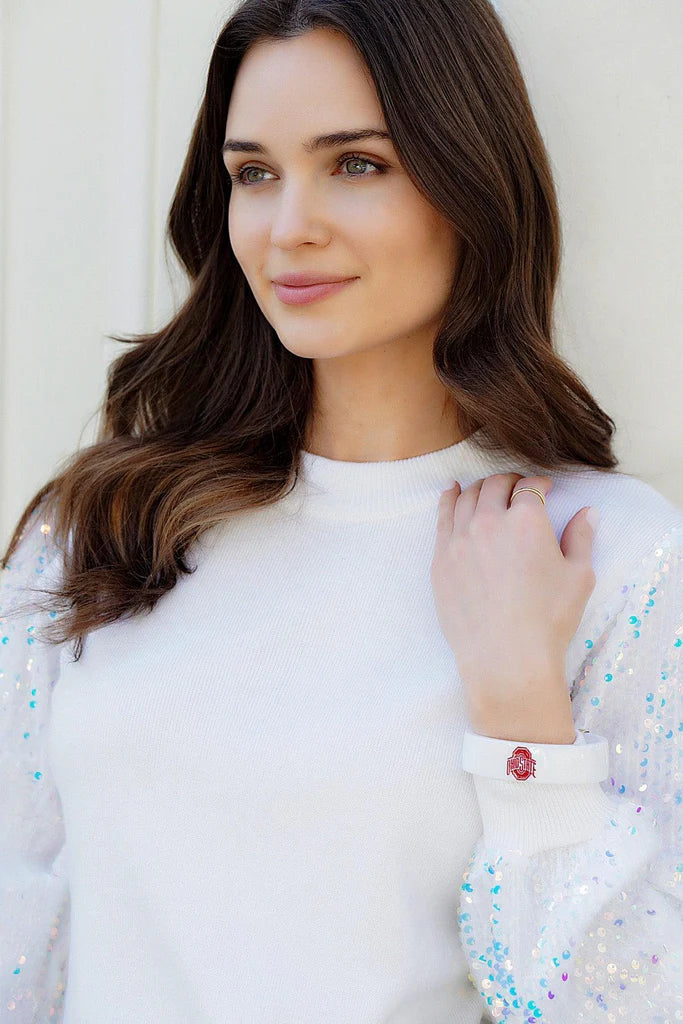 Shop Ohio State Buckeyes Resin Logo Cuff Bracelet in White- at Ruby Joy Boutique, a Women's Clothing Store in Pickerington, Ohio