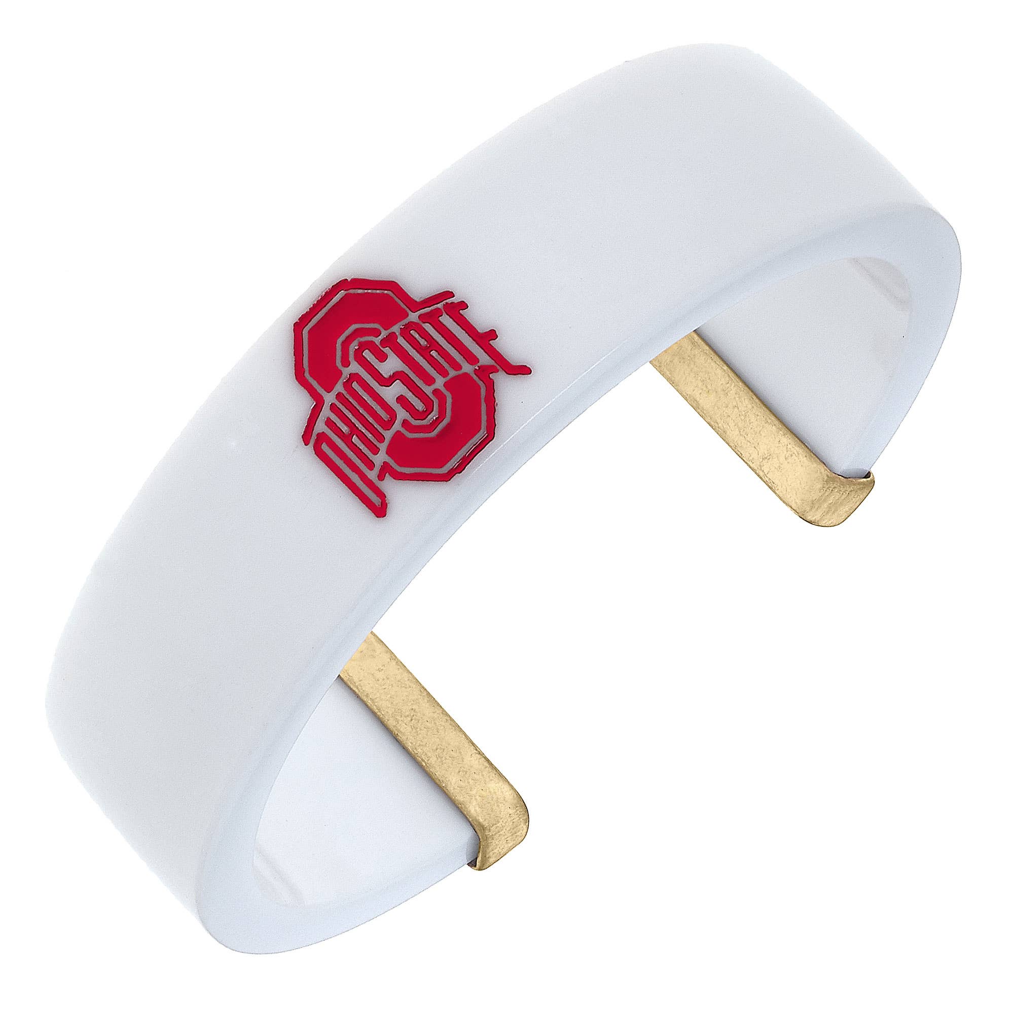 Shop Ohio State Buckeyes Resin Logo Cuff Bracelet in White- at Ruby Joy Boutique, a Women's Clothing Store in Pickerington, Ohio