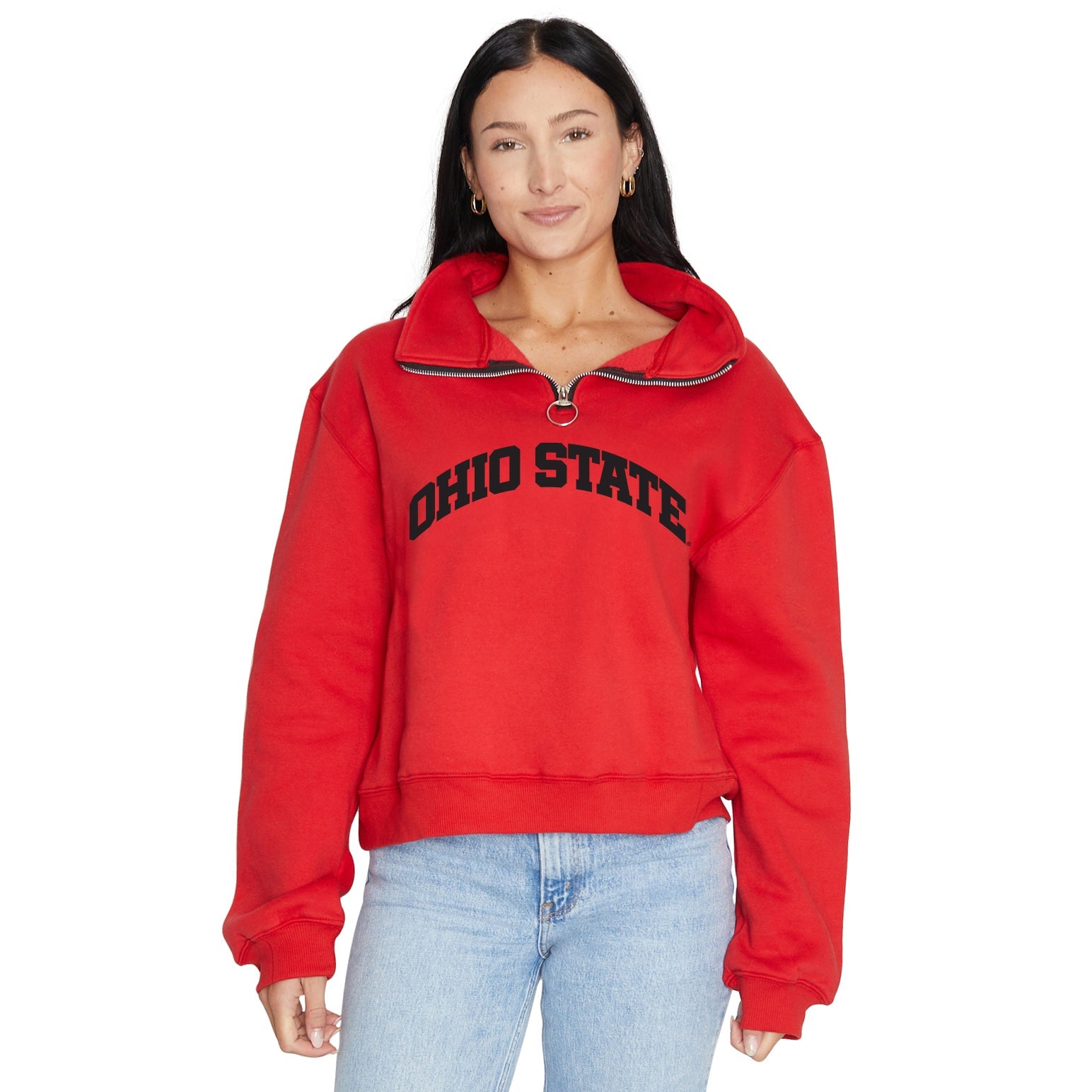 Shop Ohio State OSU Buckeyes Quarter Zip Sweatshirt- at Ruby Joy Boutique, a Women's Clothing Store in Pickerington, Ohio
