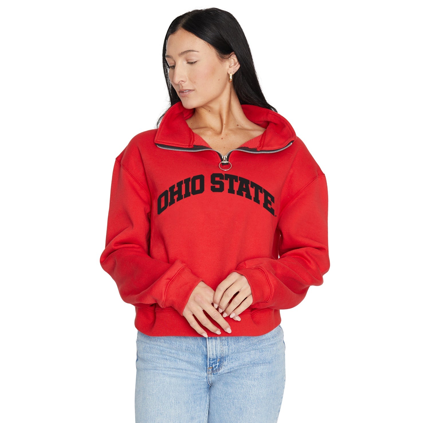 Shop Ohio State OSU Buckeyes Quarter Zip Sweatshirt- at Ruby Joy Boutique, a Women's Clothing Store in Pickerington, Ohio