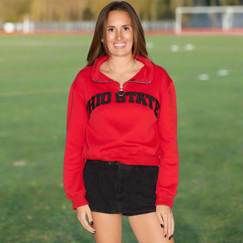 Shop Ohio State OSU Buckeyes Quarter Zip Sweatshirt- at Ruby Joy Boutique, a Women's Clothing Store in Pickerington, Ohio
