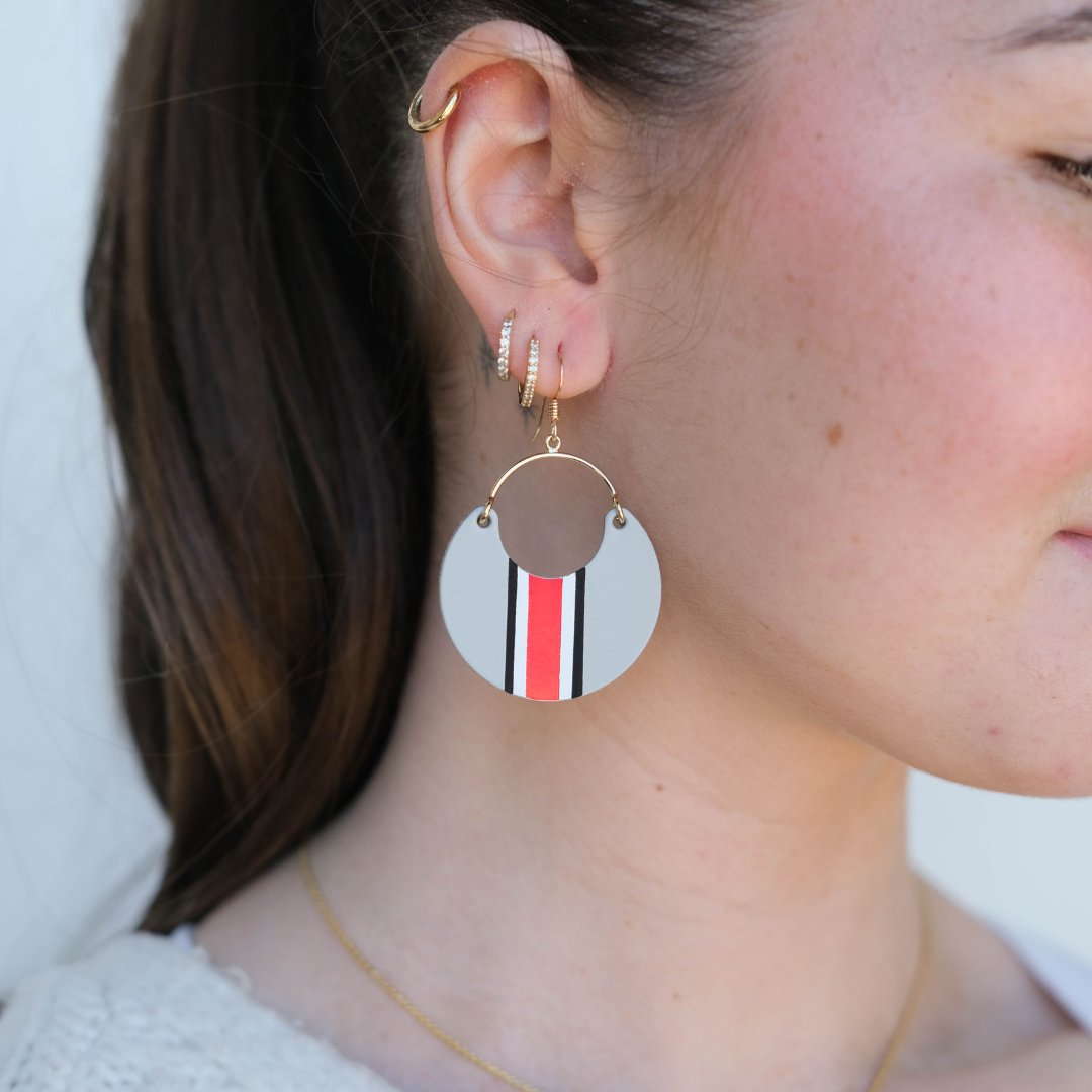 Shop Ohio State University Helmet Stripe Nina Earrings | Nickel & Suede- at Ruby Joy Boutique, a Women's Clothing Store in Pickerington, Ohio