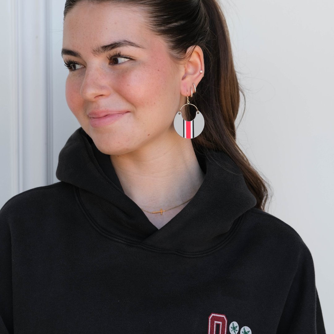 Shop Ohio State University Helmet Stripe Nina Earrings | Nickel & Suede- at Ruby Joy Boutique, a Women's Clothing Store in Pickerington, Ohio