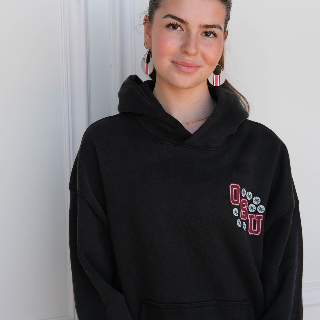 Shop Ohio State University Helmet Stripe Nina Earrings | Nickel & Suede- at Ruby Joy Boutique, a Women's Clothing Store in Pickerington, Ohio