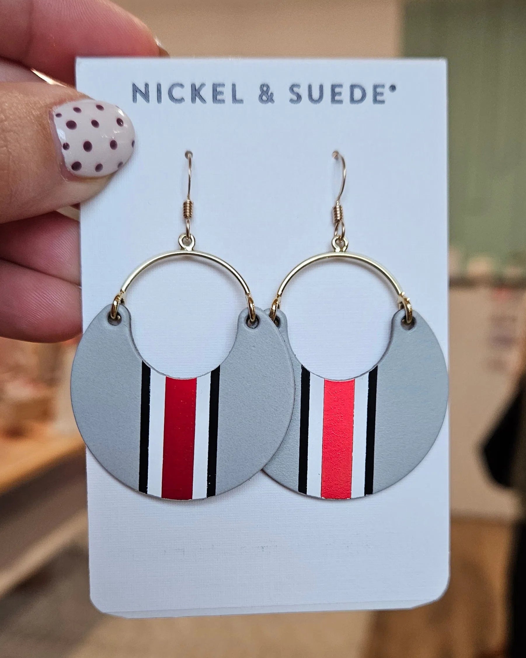 Shop Ohio State®️ Helmet Stripe Nina Earrings-Earrings at Ruby Joy Boutique, a Women's Clothing Store in Pickerington, Ohio