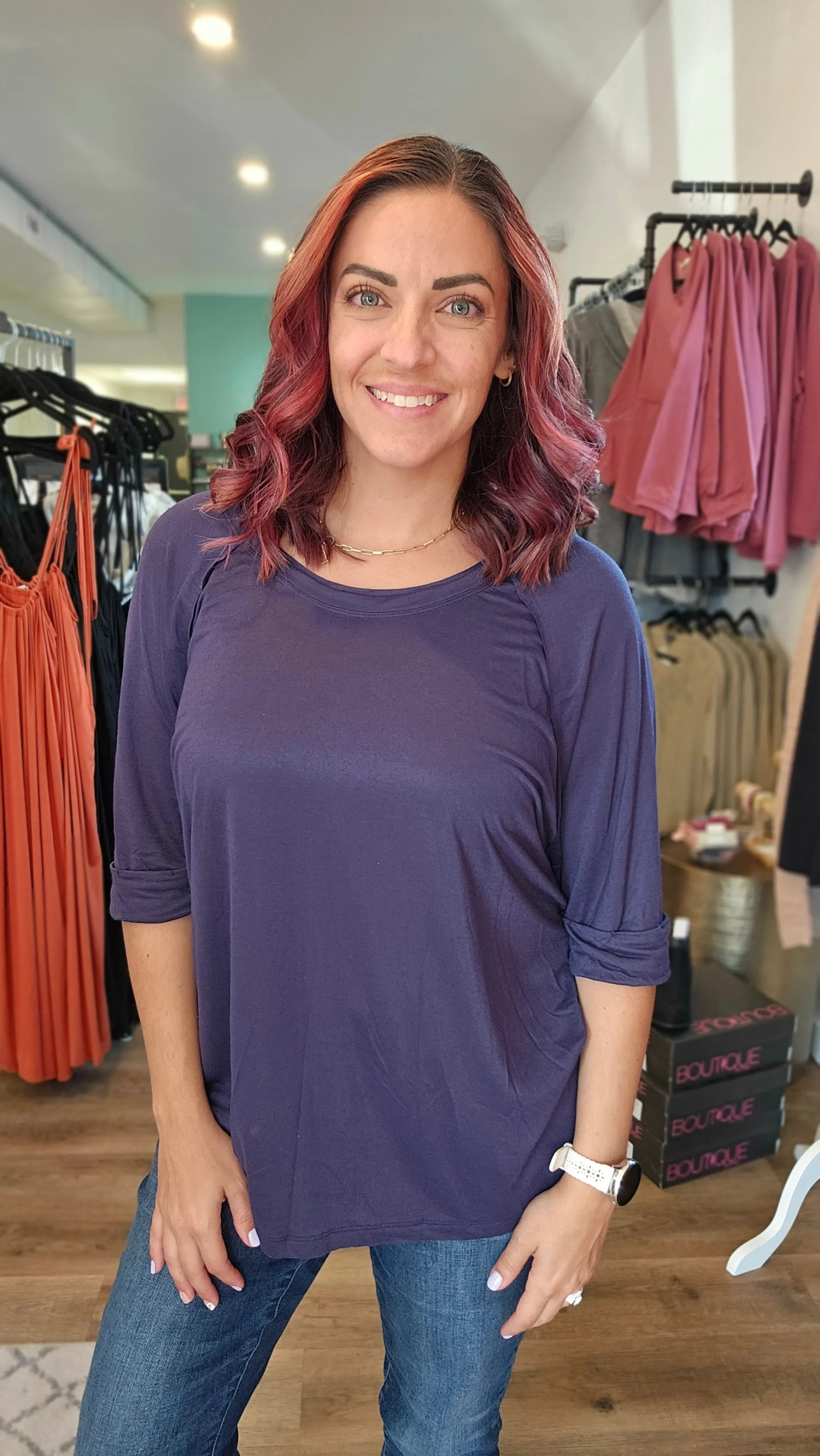 Shop Olivia Lightweight Navy Tee-Shirts & Tops at Ruby Joy Boutique, a Women's Clothing Store in Pickerington, Ohio