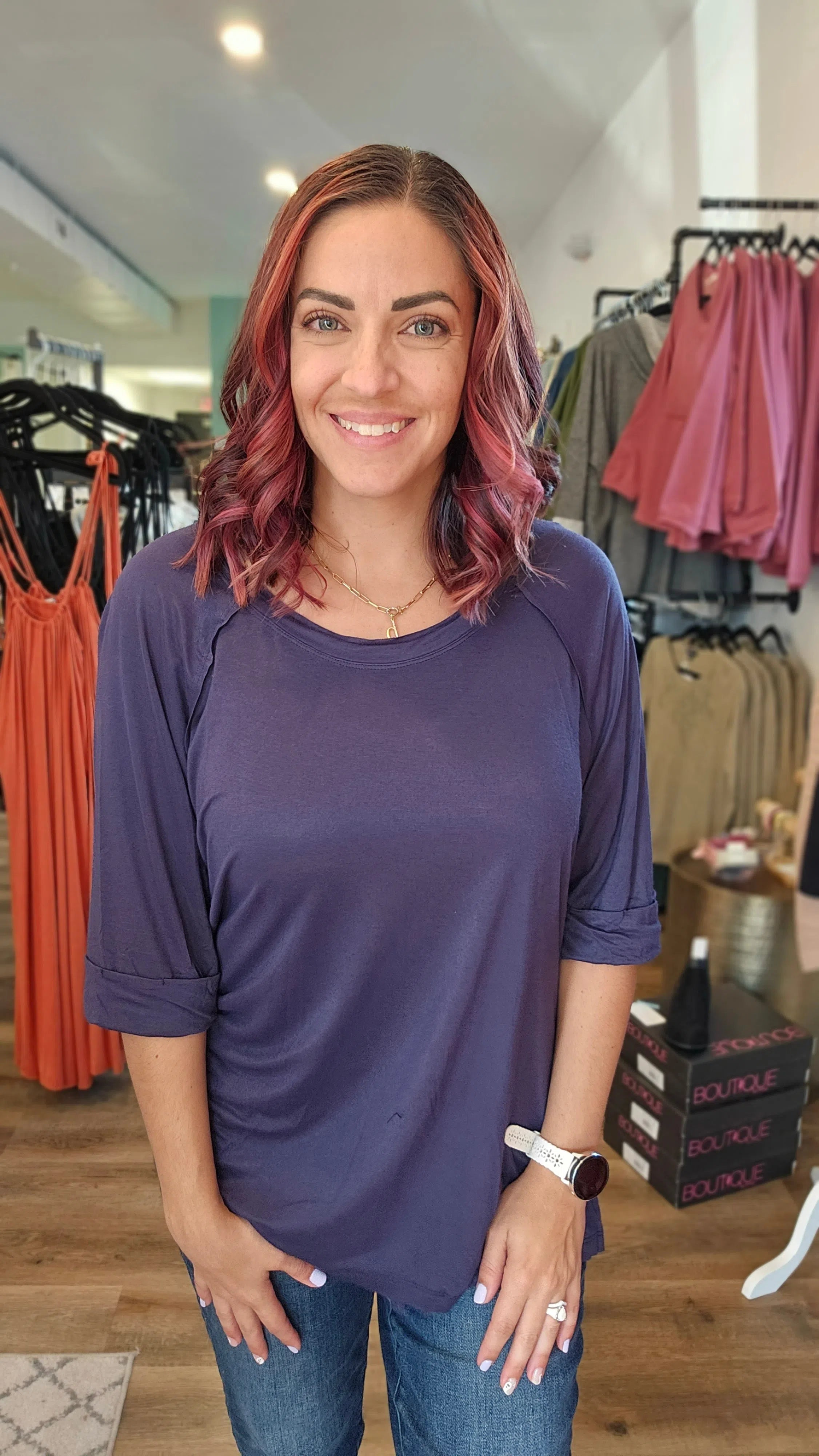 Shop Olivia Lightweight Navy Tee-Shirts & Tops at Ruby Joy Boutique, a Women's Clothing Store in Pickerington, Ohio