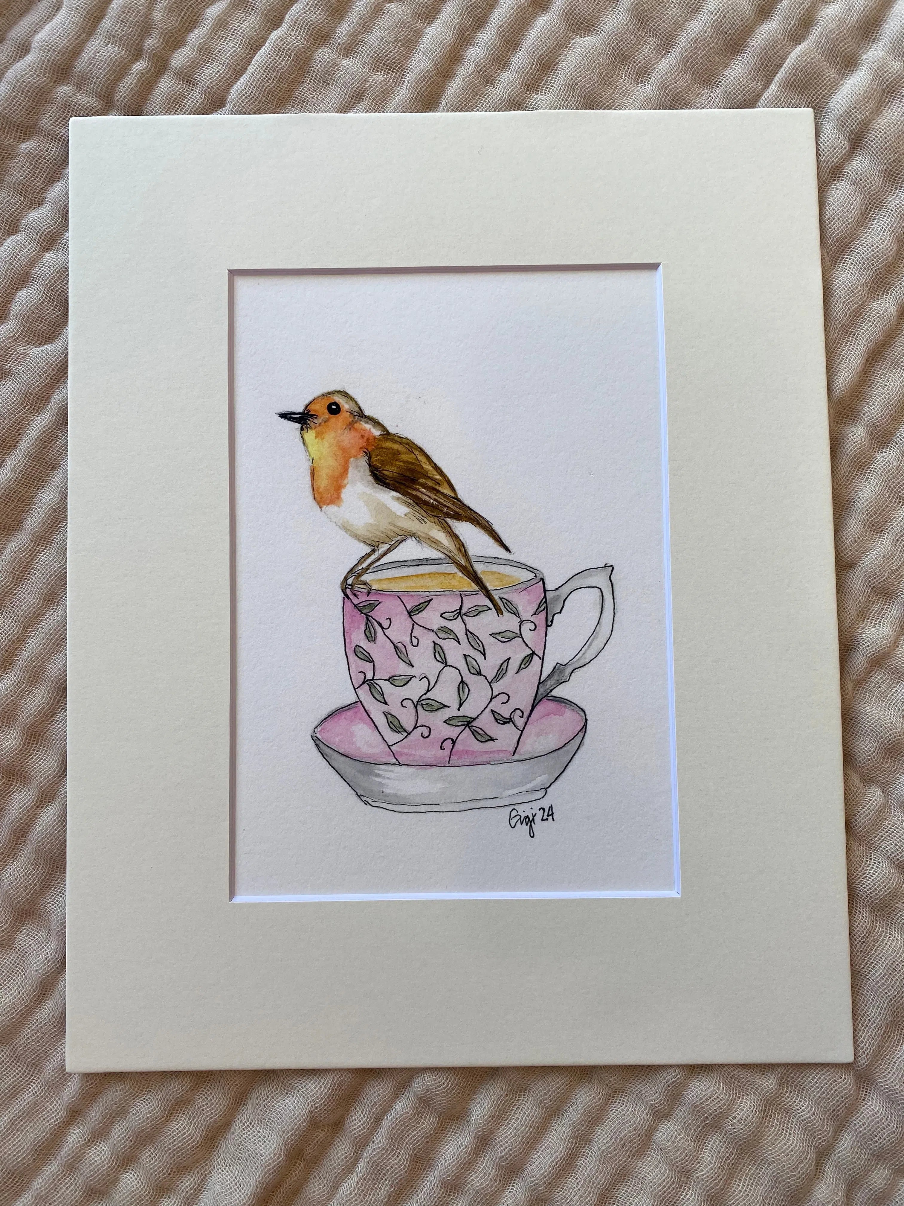 Shop Original Watercolor Prints-Robin on a Teacup at Ruby Joy Boutique, a Women's Clothing Store in Pickerington, Ohio