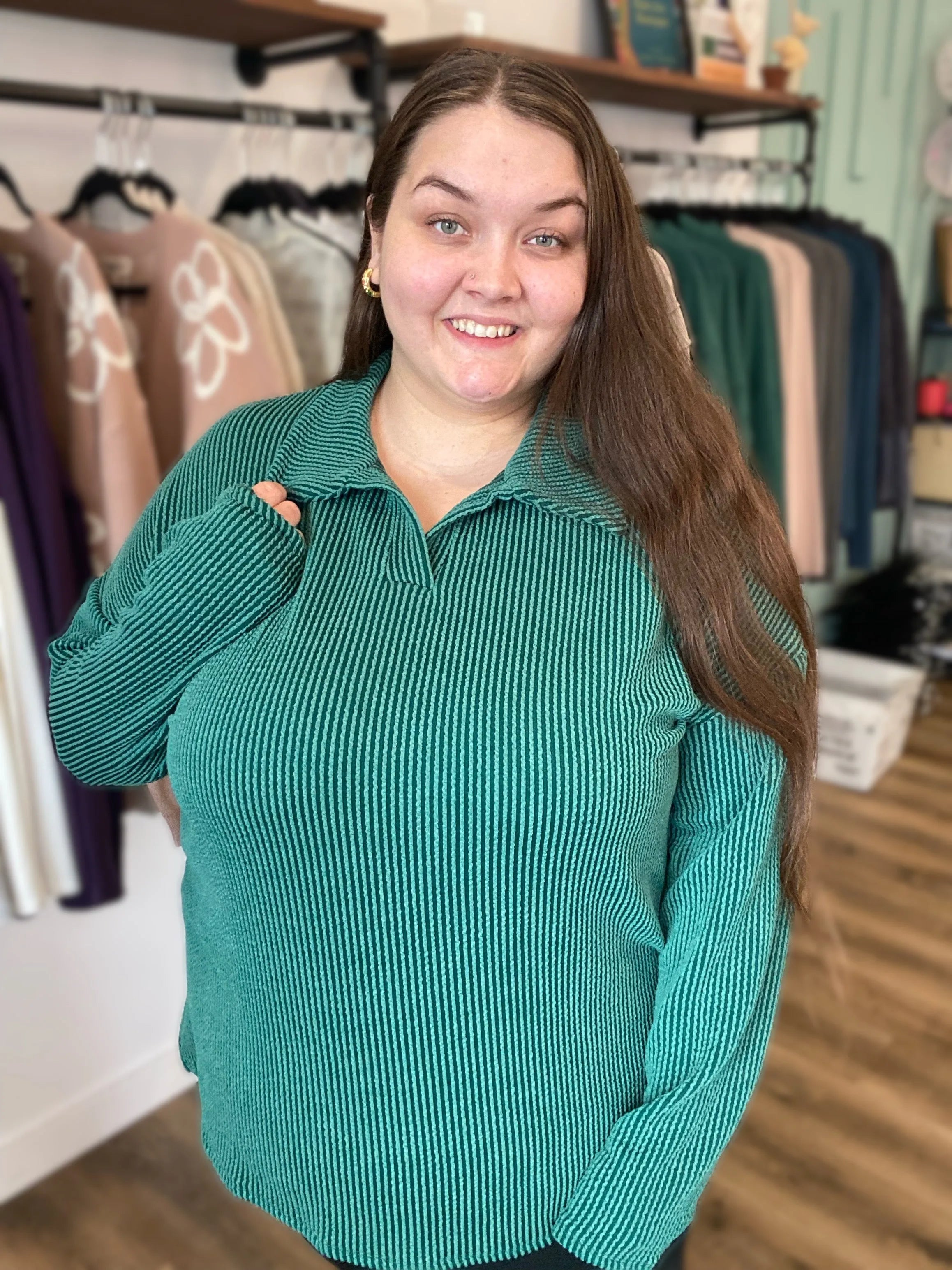 Shop Oversized Ribbed Long Sleeve - Hunter Green- at Ruby Joy Boutique, a Women's Clothing Store in Pickerington, Ohio
