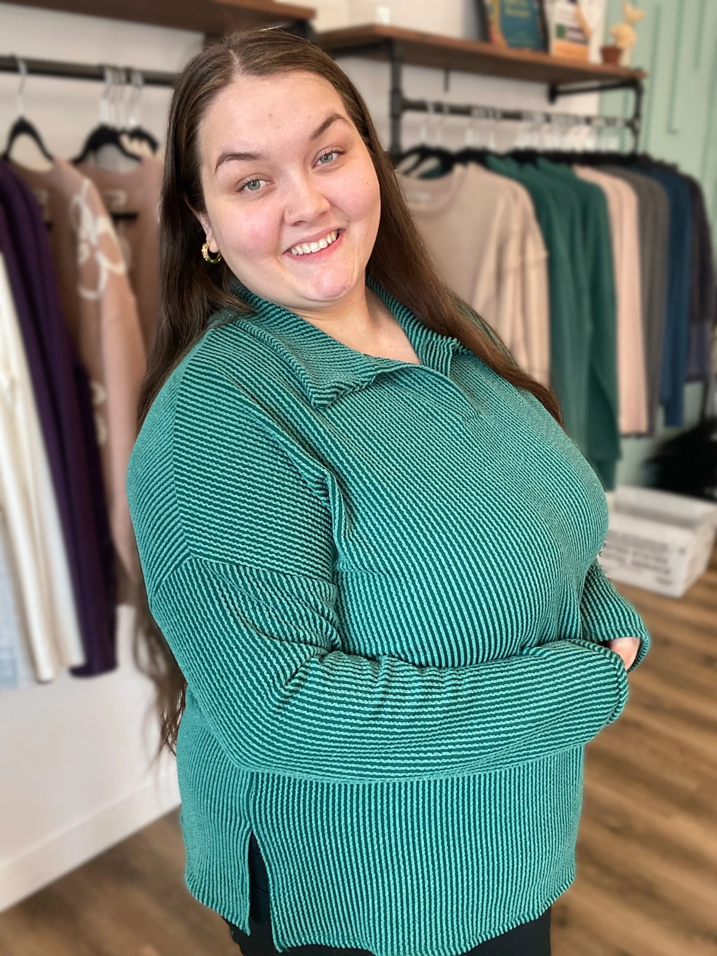 Shop Oversized Ribbed Long Sleeve - Hunter Green- at Ruby Joy Boutique, a Women's Clothing Store in Pickerington, Ohio