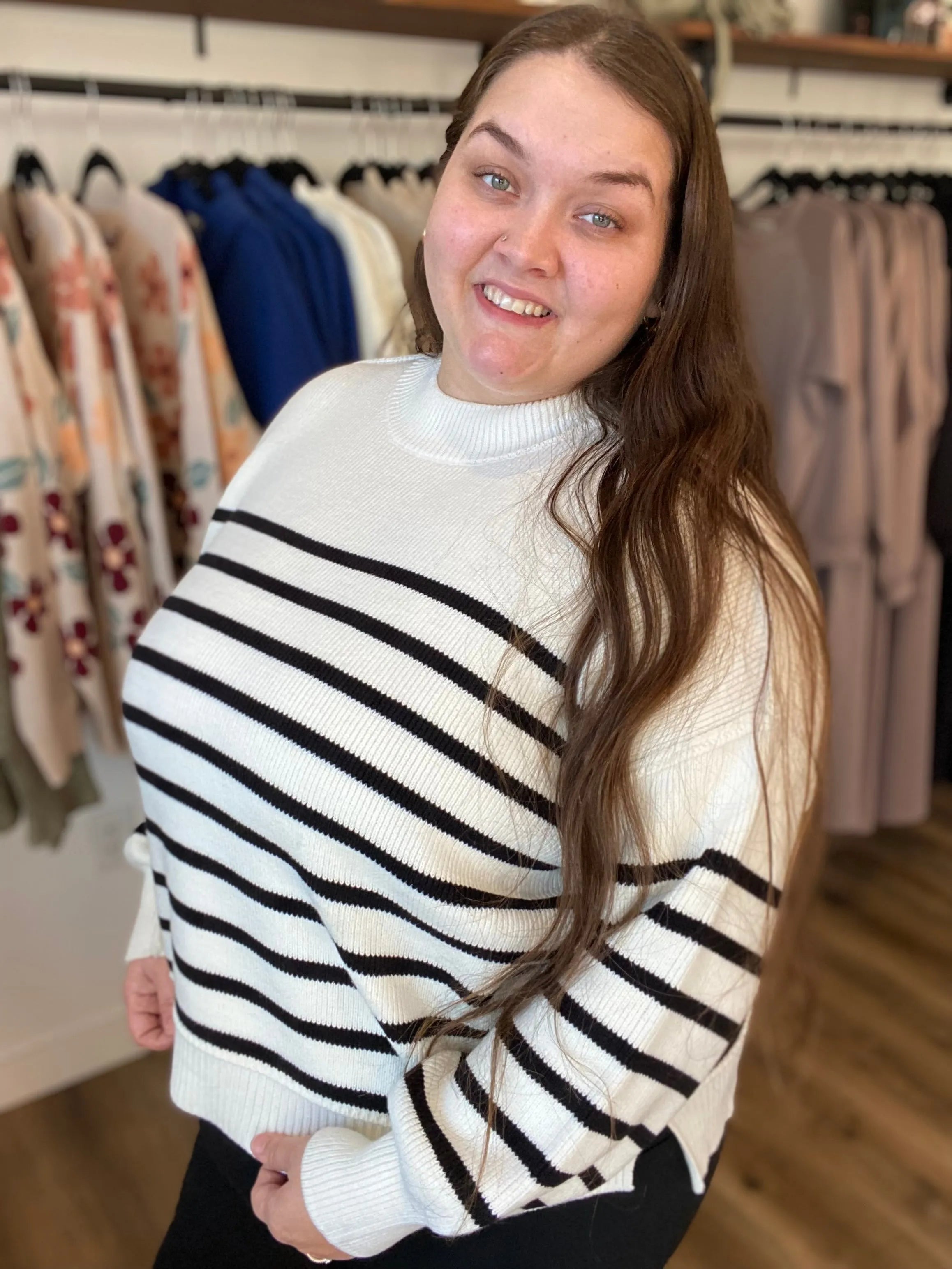 Shop Oversized Striped Sweater - Ivory and Black- at Ruby Joy Boutique, a Women's Clothing Store in Pickerington, Ohio