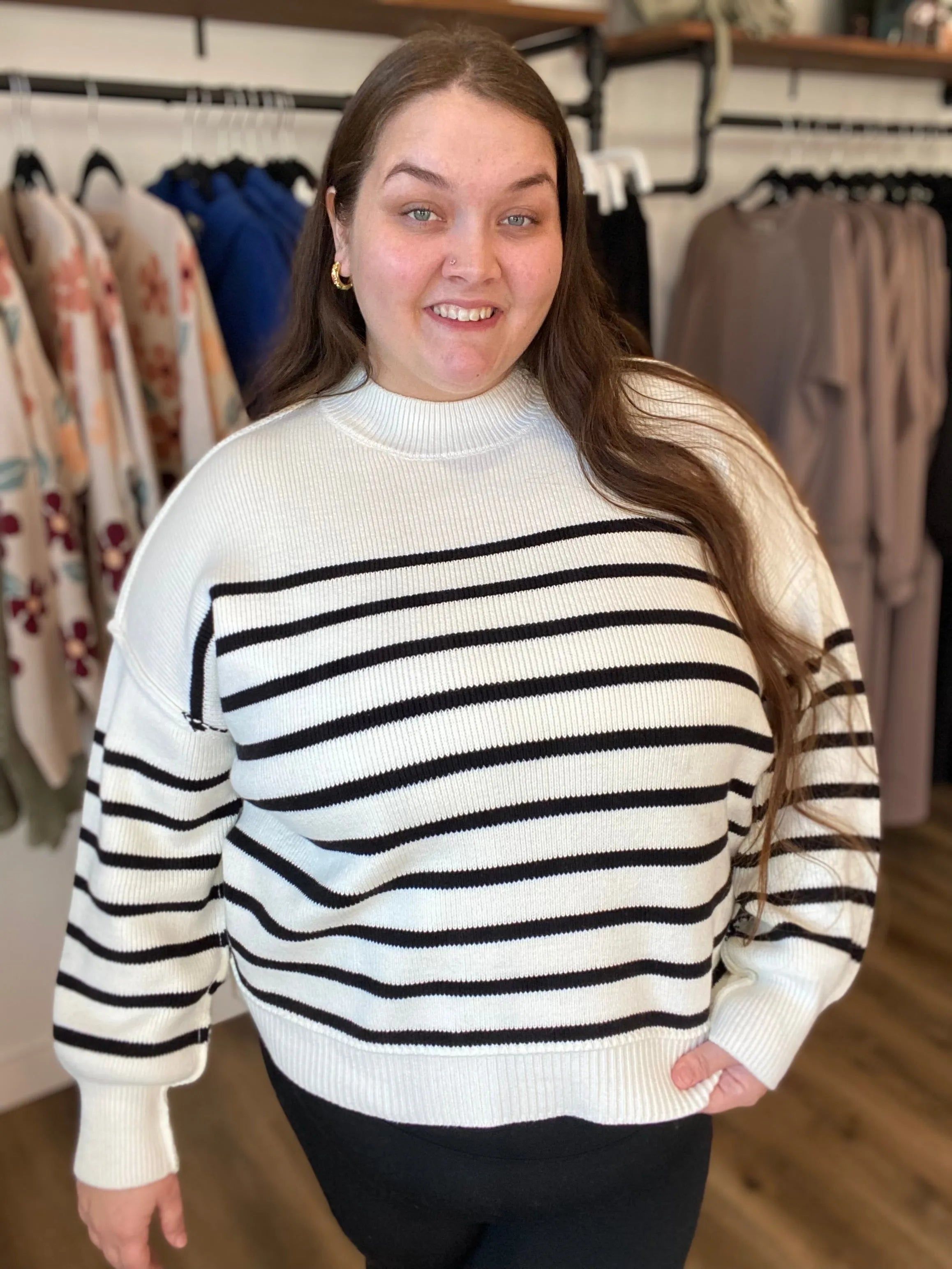 Shop Oversized Striped Sweater - Ivory and Black- at Ruby Joy Boutique, a Women's Clothing Store in Pickerington, Ohio