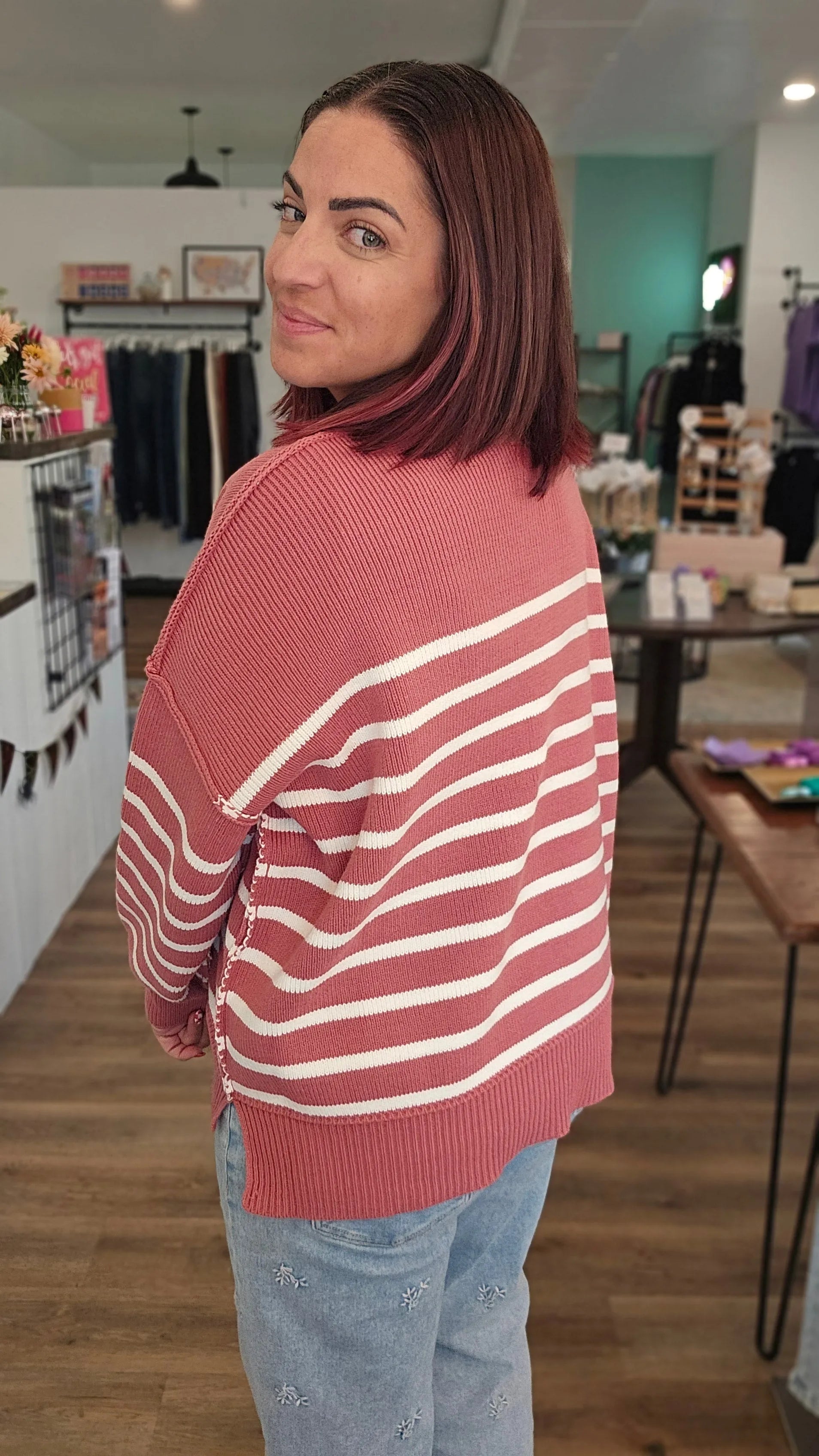 Shop Oversized Striped Sweater - Winter Rose- at Ruby Joy Boutique, a Women's Clothing Store in Pickerington, Ohio