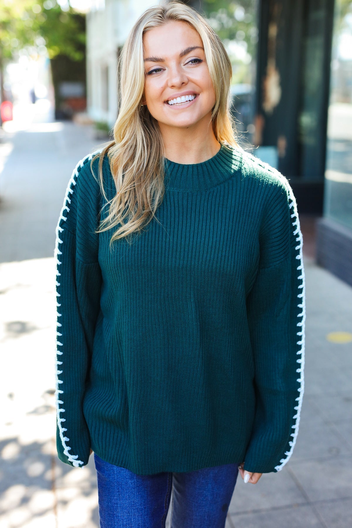 Shop Oversized Sweater with Sleeve Stitch Detail- at Ruby Joy Boutique, a Women's Clothing Store in Pickerington, Ohio