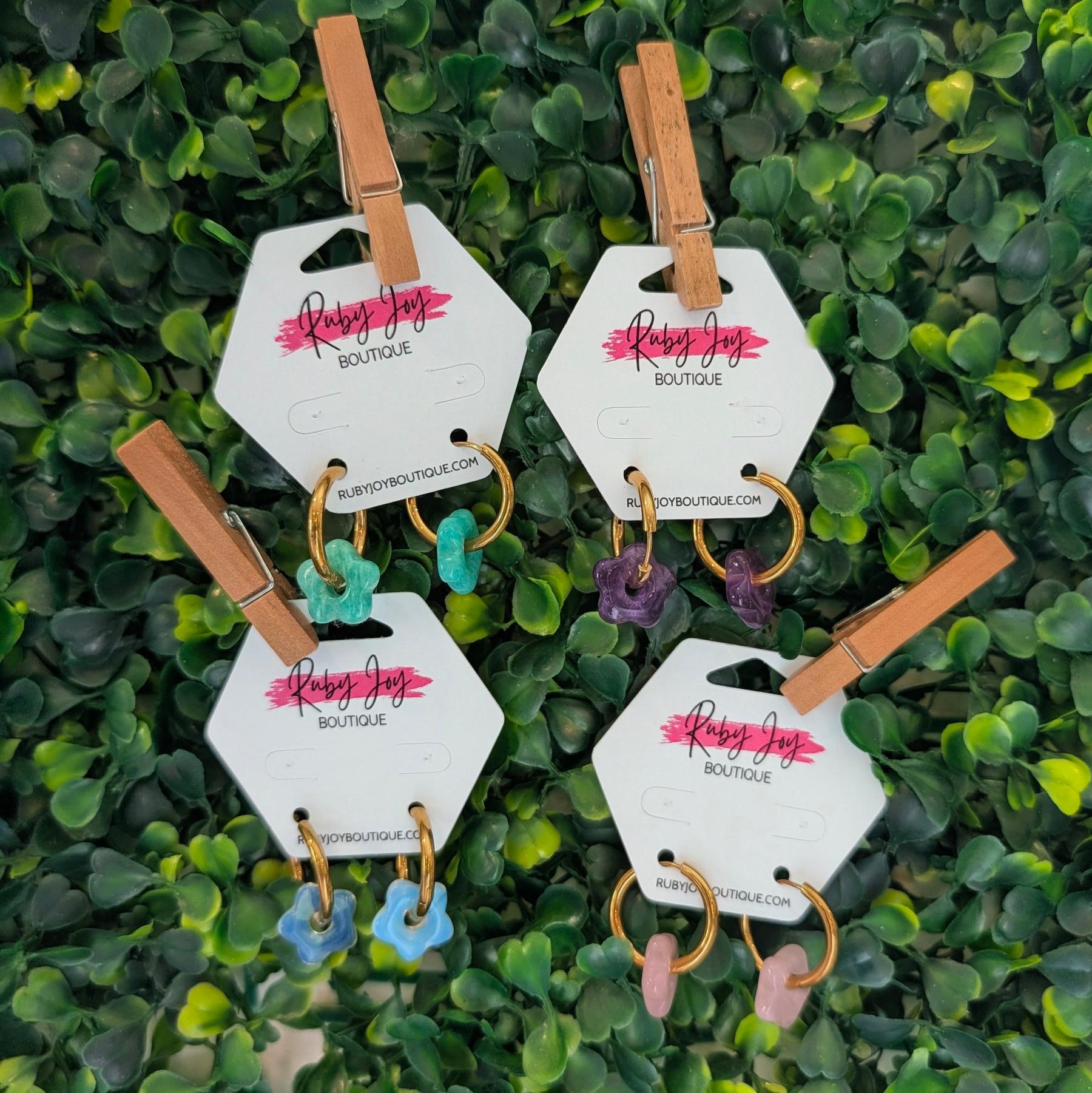 Shop Glass Flower Hoop Earrings- at Ruby Joy Boutique, a Women's Clothing Store in Pickerington, Ohio