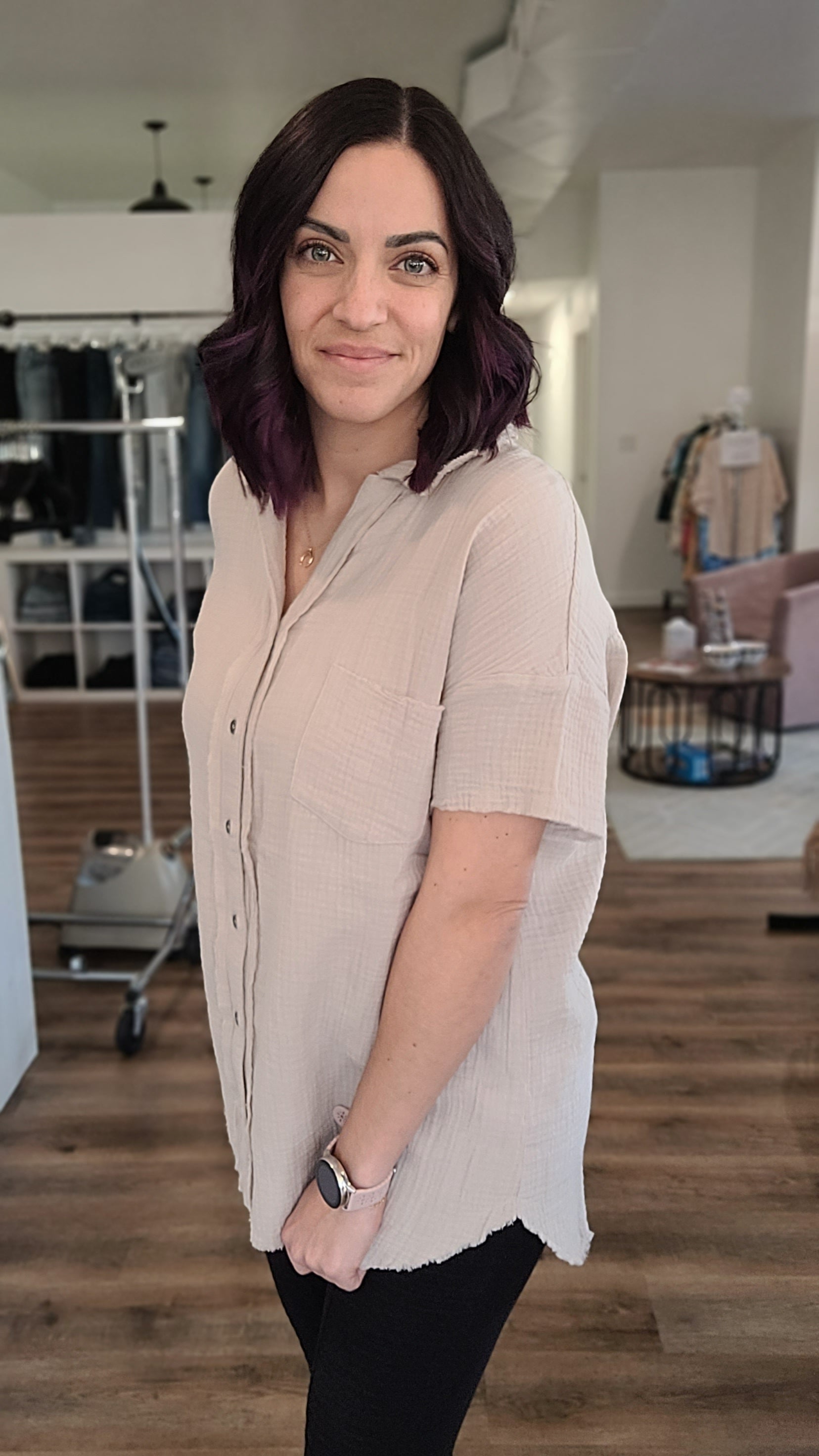 Shop Paige Short Sleeved Gauze Button Down Top-Blouse at Ruby Joy Boutique, a Women's Clothing Store in Pickerington, Ohio