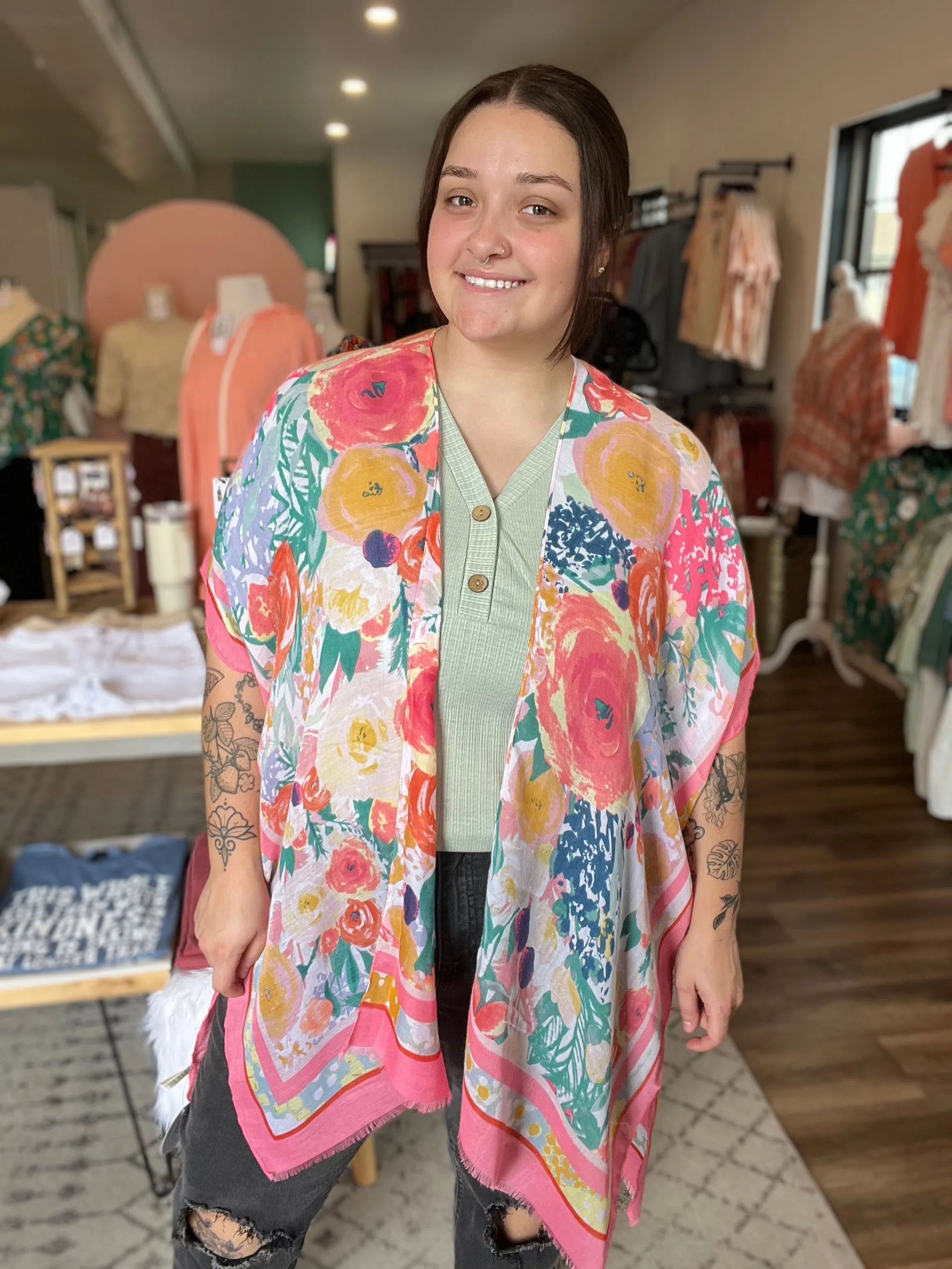 Shop Painted Floral Print Kimono-Kimonos at Ruby Joy Boutique, a Women's Clothing Store in Pickerington, Ohio