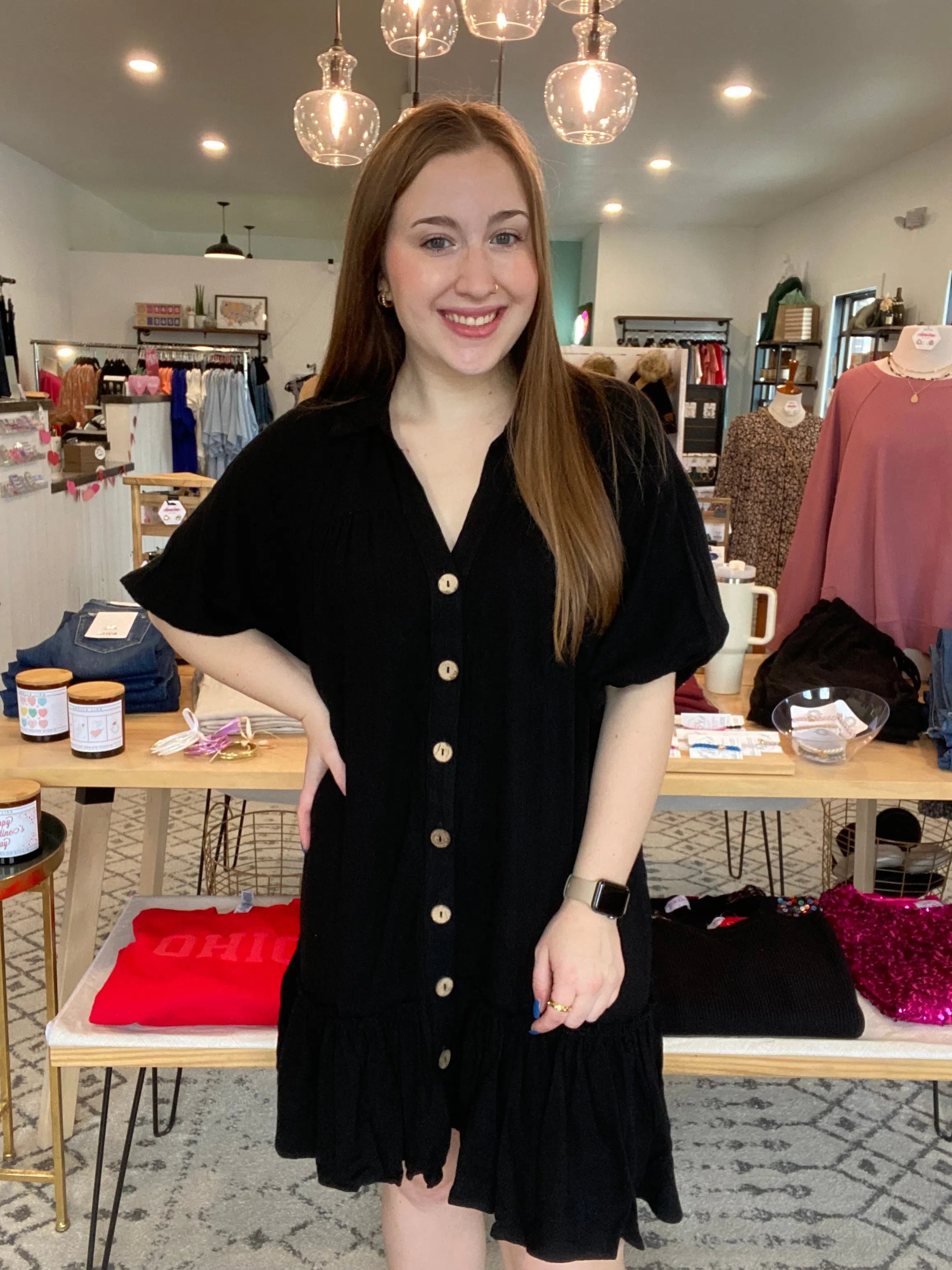 Shop Palmer Button Down Peplum Dress-Dresses at Ruby Joy Boutique, a Women's Clothing Store in Pickerington, Ohio