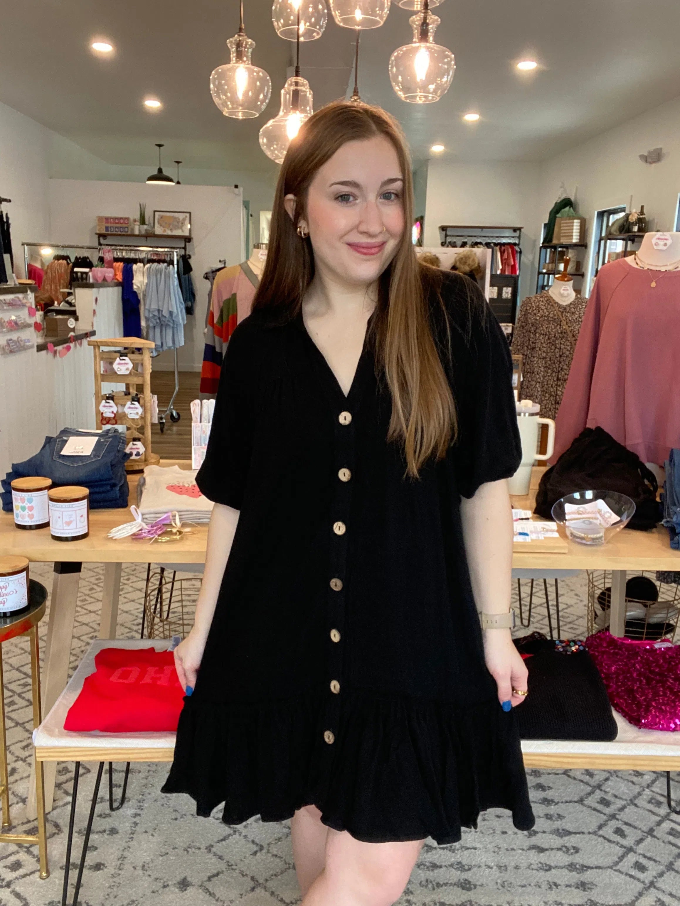 Shop Palmer Button Down Peplum Dress-Dresses at Ruby Joy Boutique, a Women's Clothing Store in Pickerington, Ohio