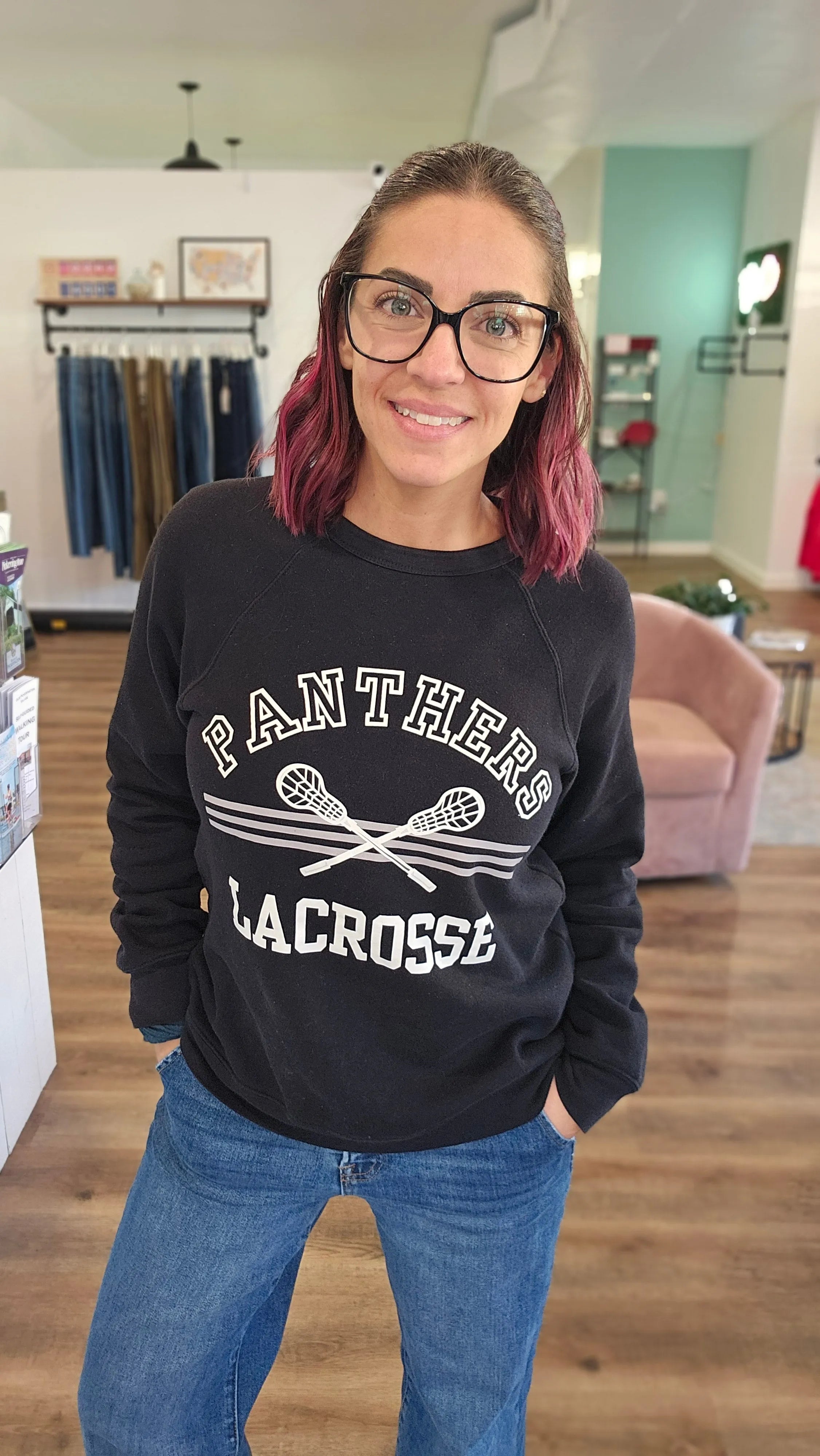 Shop Panthers Lacrosse Arch Graphic Top-Sweatshirt at Ruby Joy Boutique, a Women's Clothing Store in Pickerington, Ohio