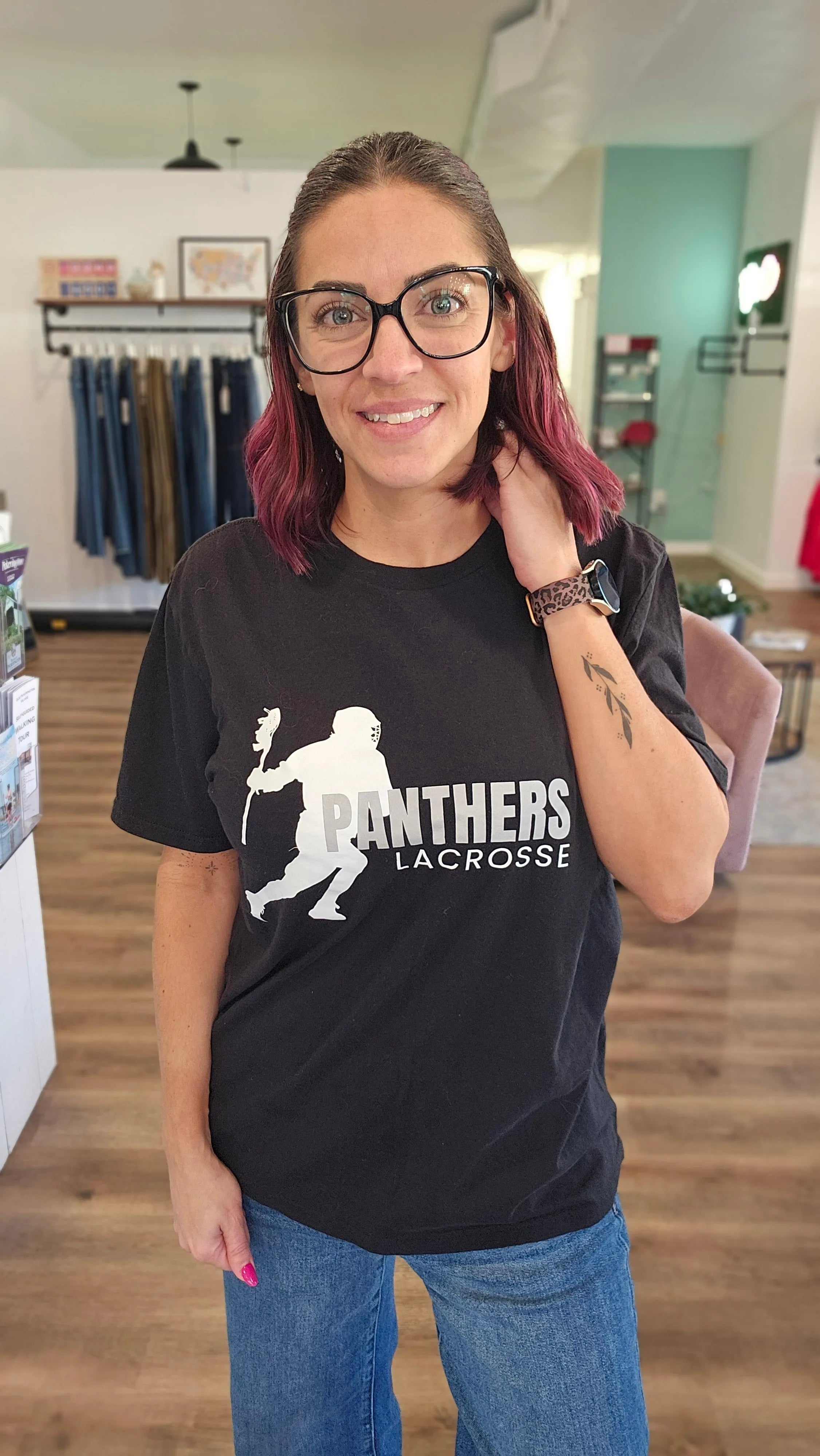 Shop Panthers Lacrosse Player Graphic- at Ruby Joy Boutique, a Women's Clothing Store in Pickerington, Ohio