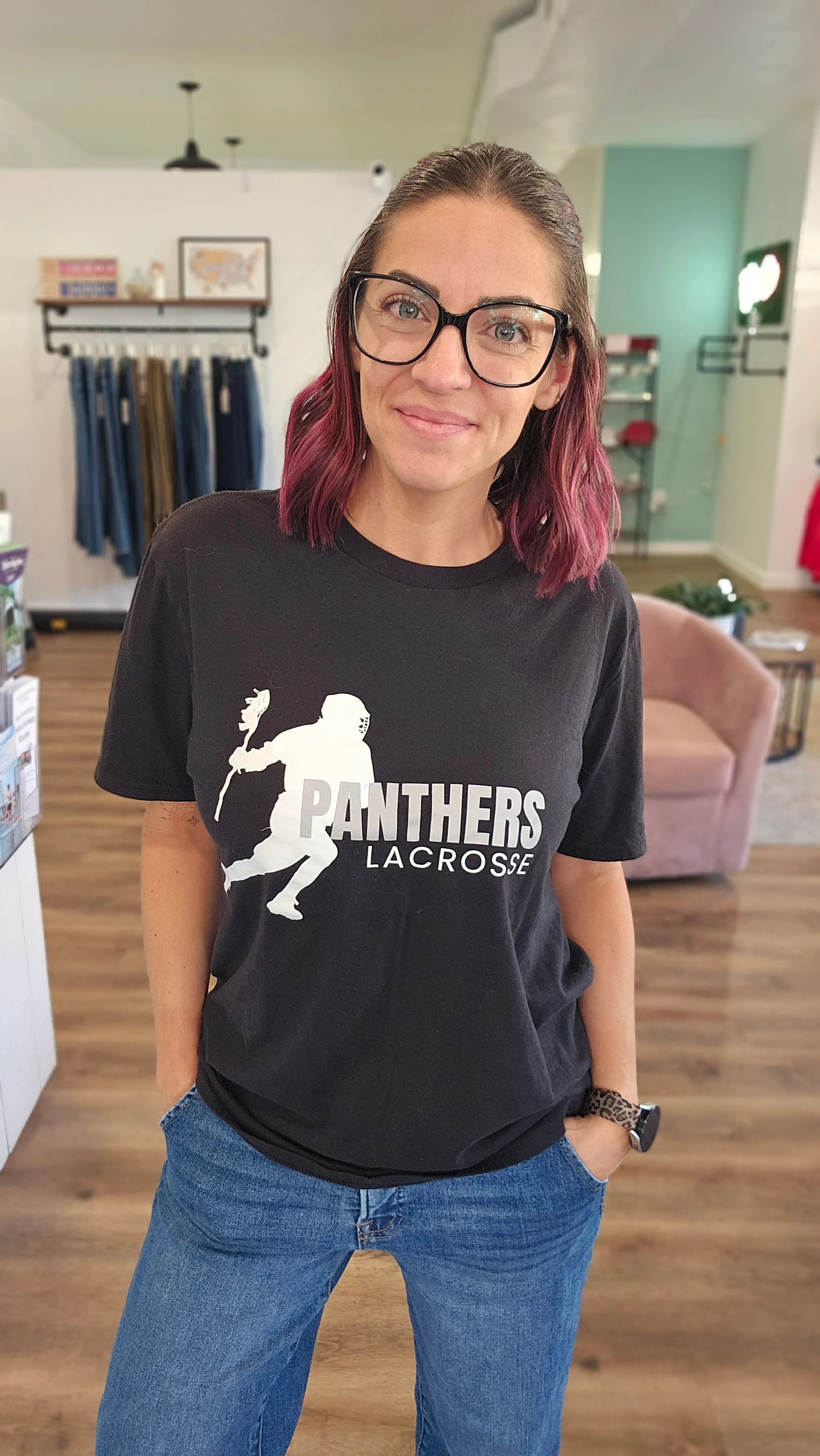 Shop Panthers Lacrosse Player Graphic- at Ruby Joy Boutique, a Women's Clothing Store in Pickerington, Ohio