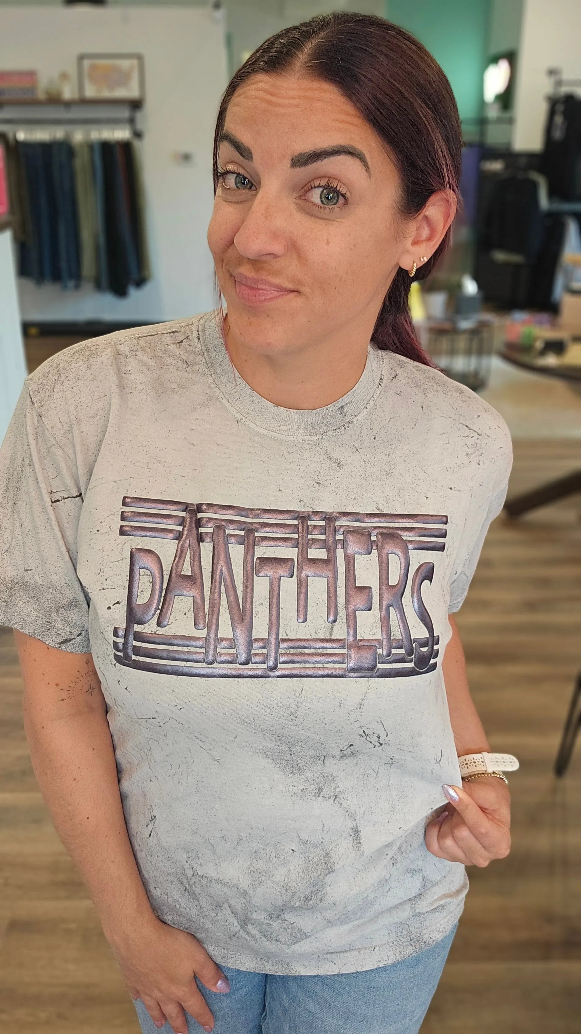 Shop Panthers Metallic Puff Graphic Tee- at Ruby Joy Boutique, a Women's Clothing Store in Pickerington, Ohio