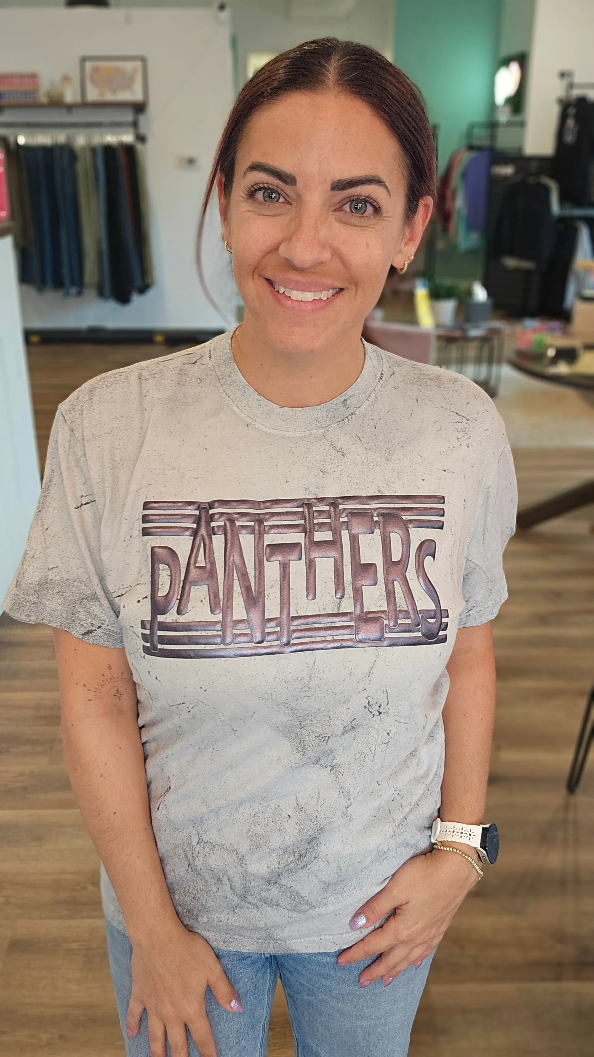 Shop Panthers Metallic Puff Graphic Tee- at Ruby Joy Boutique, a Women's Clothing Store in Pickerington, Ohio