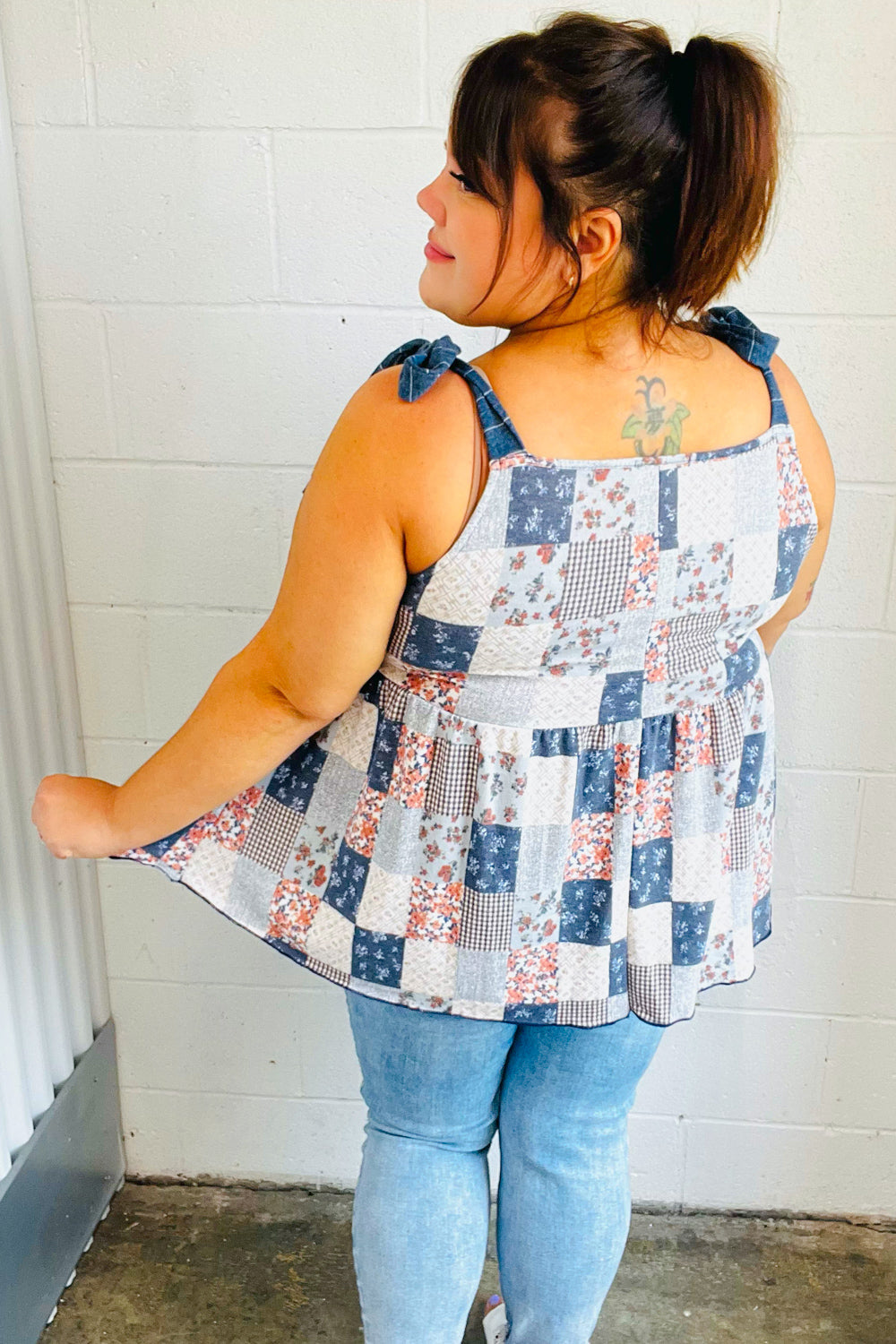 Shop Patchwork Shoulder Tie Top-Shirts & Tops at Ruby Joy Boutique, a Women's Clothing Store in Pickerington, Ohio