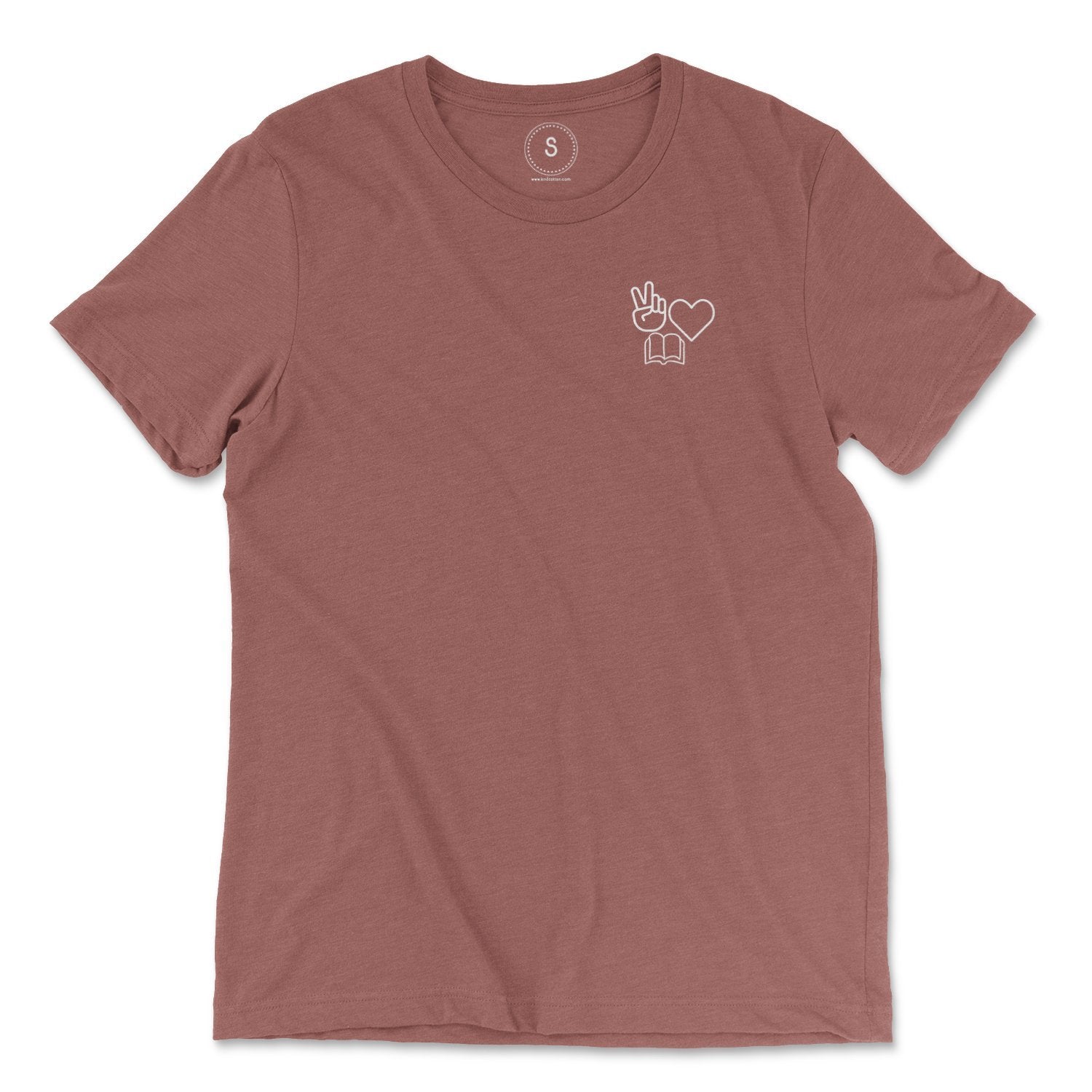 Shop Peace, Love, Books Classic Tee | Kind Cotton-Mauve at Ruby Joy Boutique, a Women's Clothing Store in Pickerington, Ohio