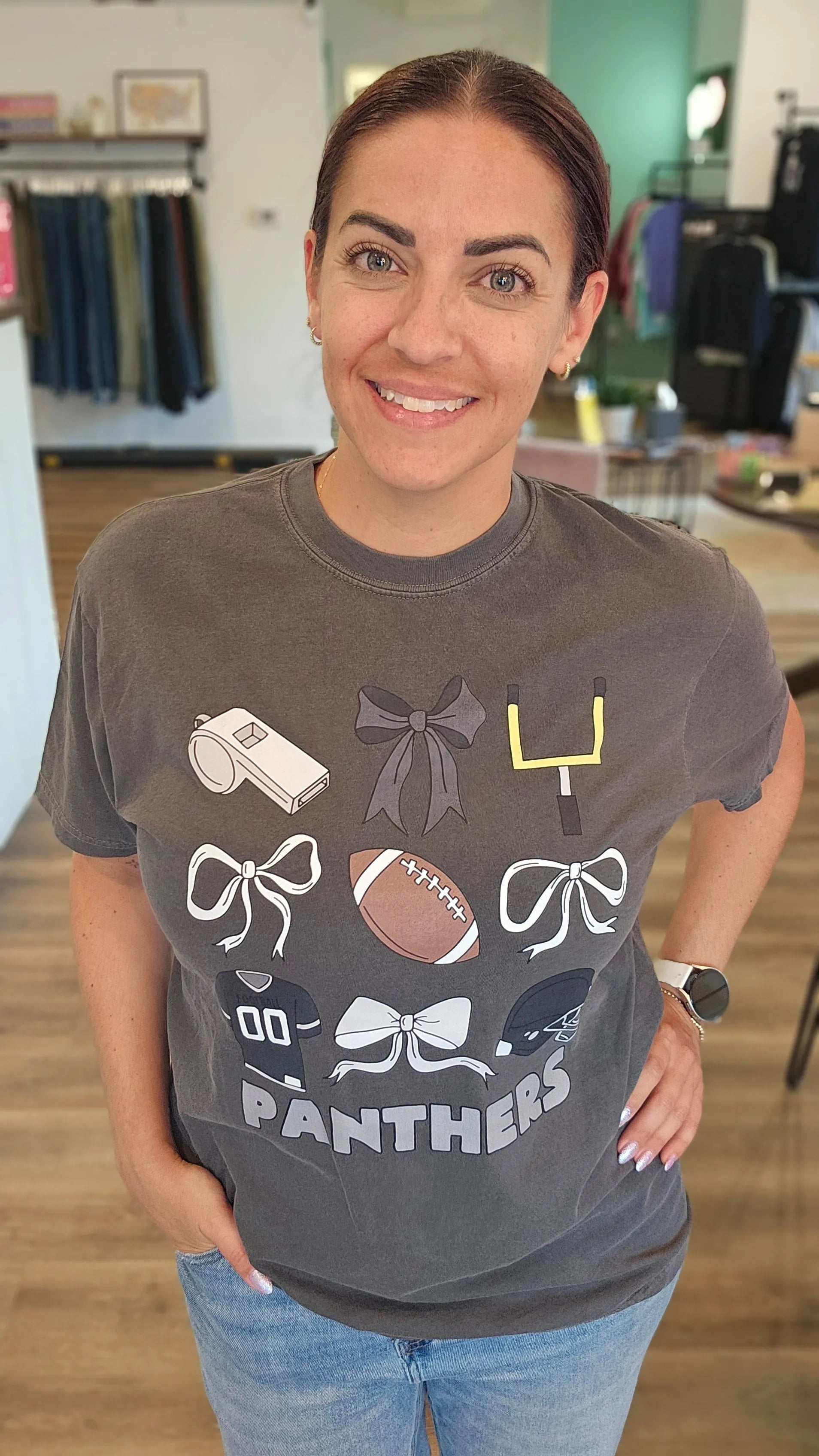 Shop Pickerington Football Bow Collage Stack Graphic Tee-Panthers at Ruby Joy Boutique, a Women's Clothing Store in Pickerington, Ohio