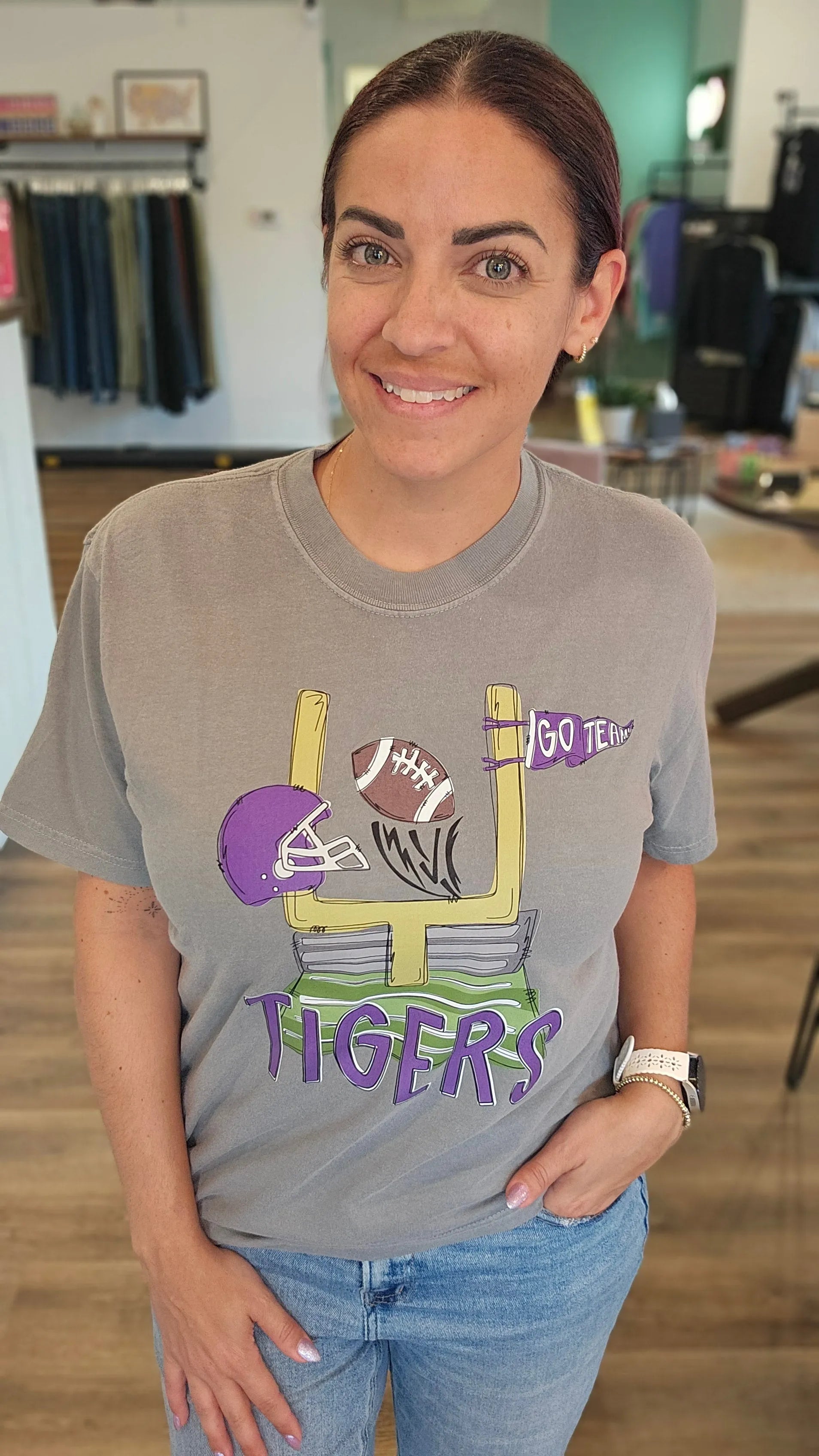 Shop Pickerington Mascot Field Goal Graphic Tee-Tigers at Ruby Joy Boutique, a Women's Clothing Store in Pickerington, Ohio
