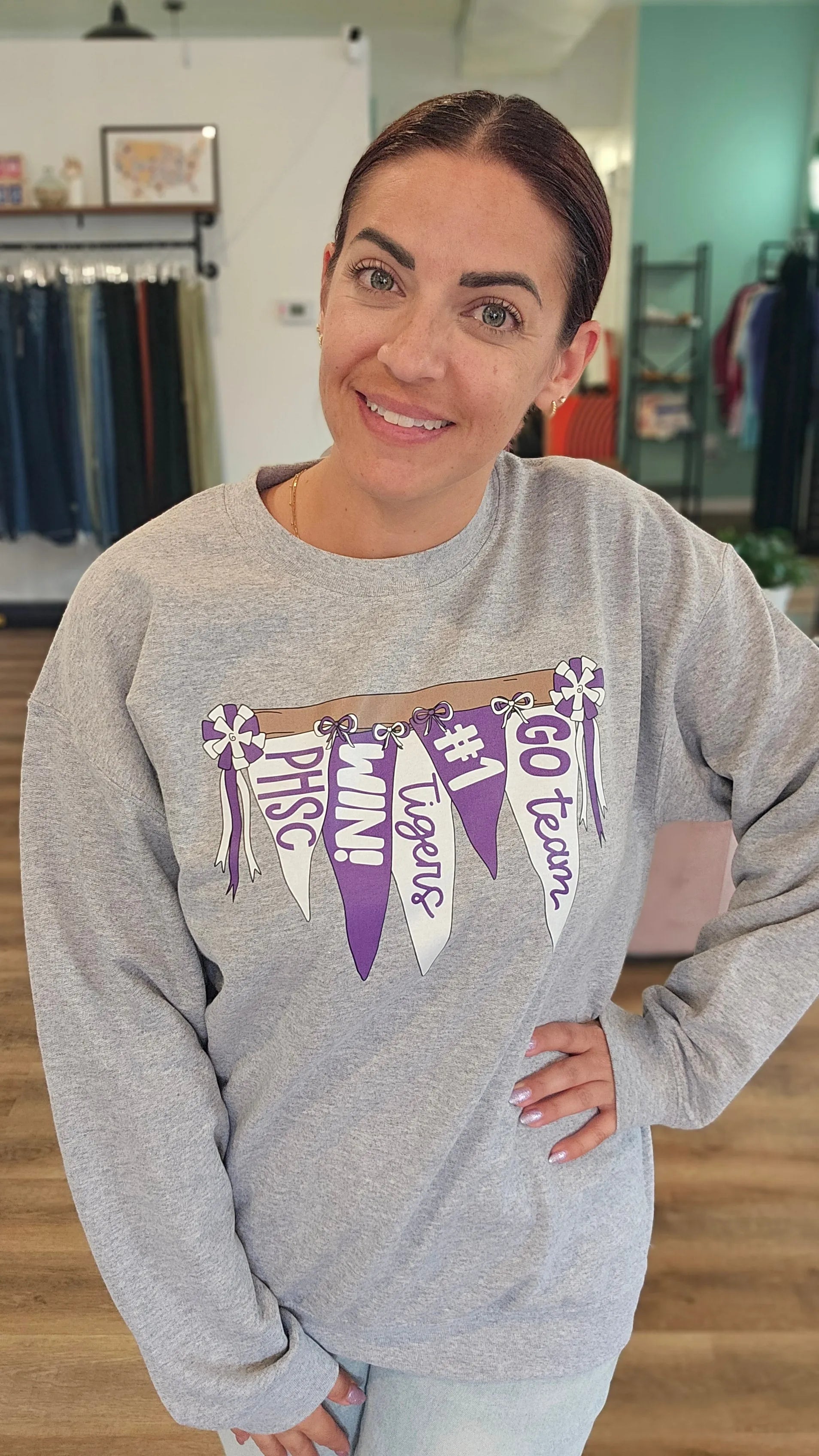 Shop Pickerington Pennant Banner Sweatshirt-Tigers at Ruby Joy Boutique, a Women's Clothing Store in Pickerington, Ohio