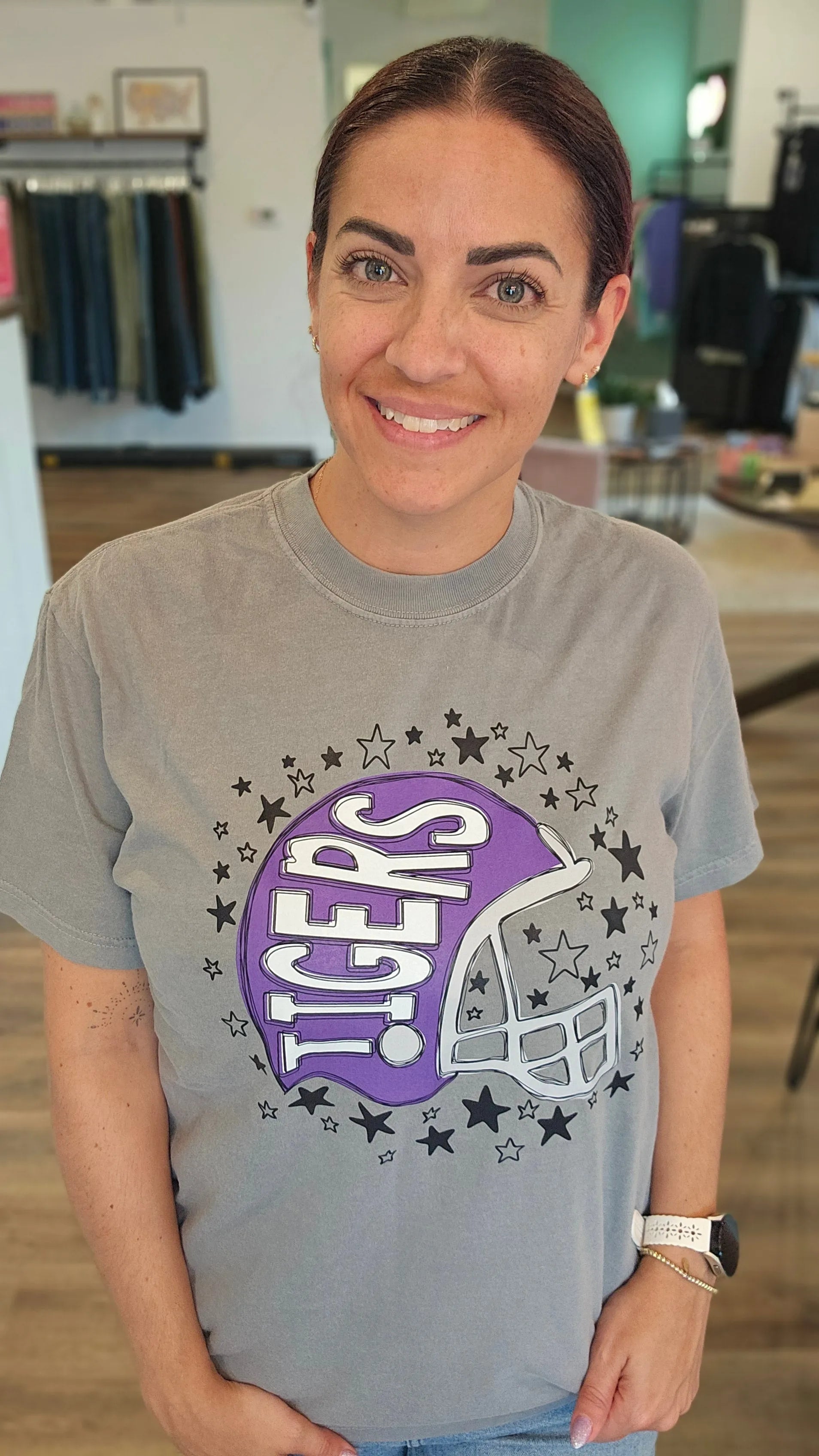 Shop Pickerington Starry Helmet Graphic Tee-Tigers at Ruby Joy Boutique, a Women's Clothing Store in Pickerington, Ohio