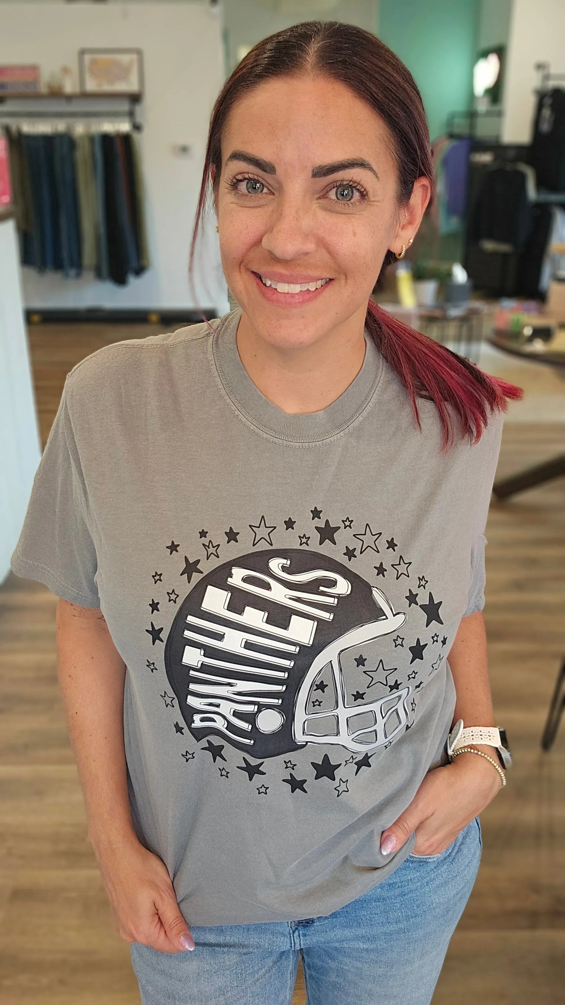 Shop Pickerington Starry Helmet Graphic Tee- at Ruby Joy Boutique, a Women's Clothing Store in Pickerington, Ohio