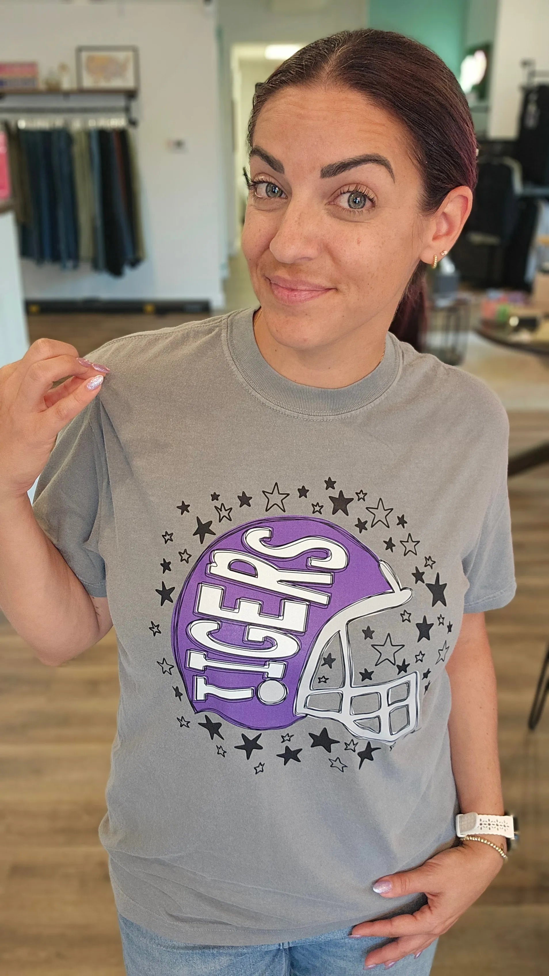 Shop Pickerington Starry Helmet Graphic Tee- at Ruby Joy Boutique, a Women's Clothing Store in Pickerington, Ohio