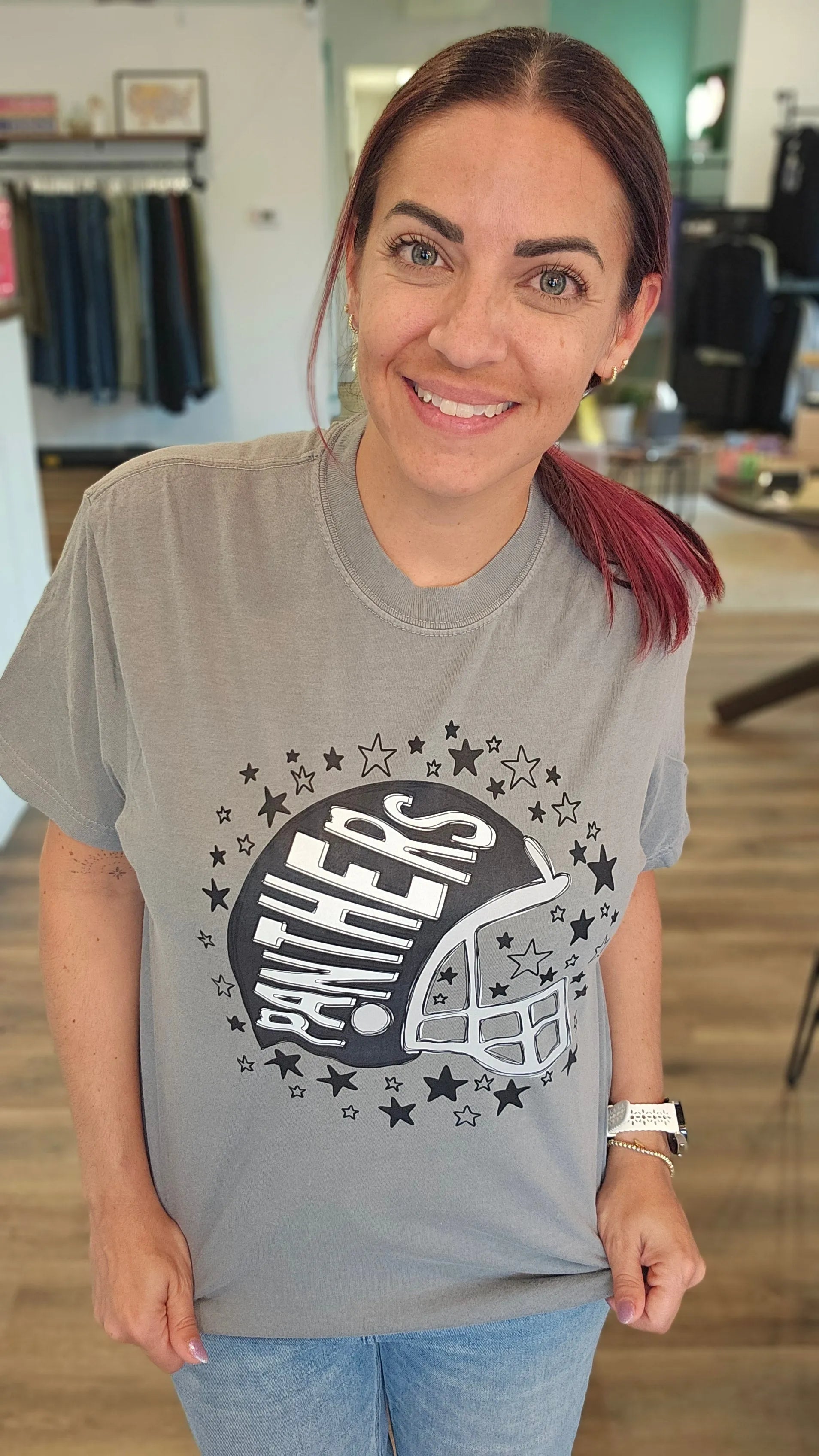 Shop Pickerington Starry Helmet Graphic Tee-Panthers at Ruby Joy Boutique, a Women's Clothing Store in Pickerington, Ohio