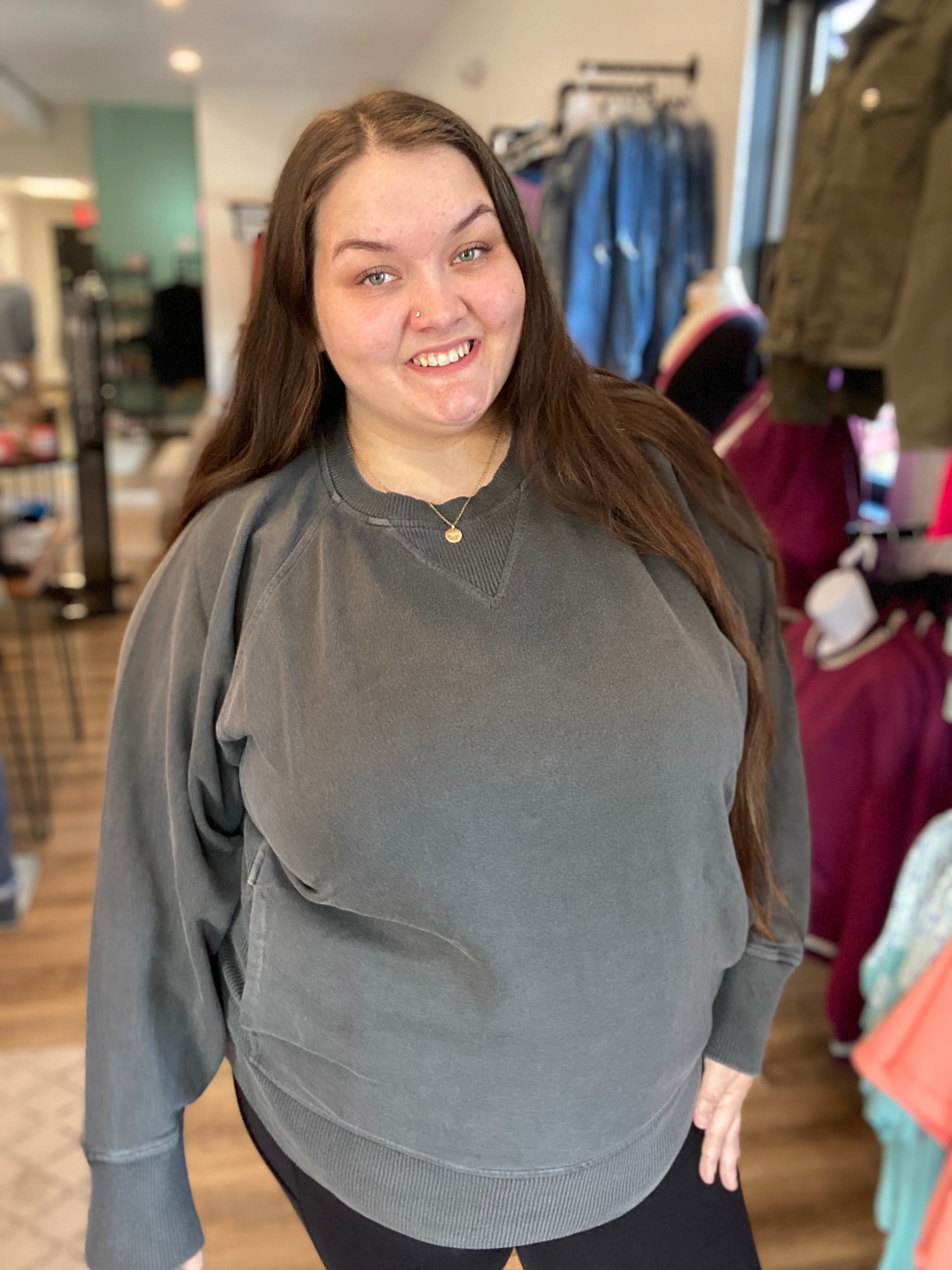 Shop Pigment Dyed Pullover with Pockets - Black-Sweatshirt at Ruby Joy Boutique, a Women's Clothing Store in Pickerington, Ohio